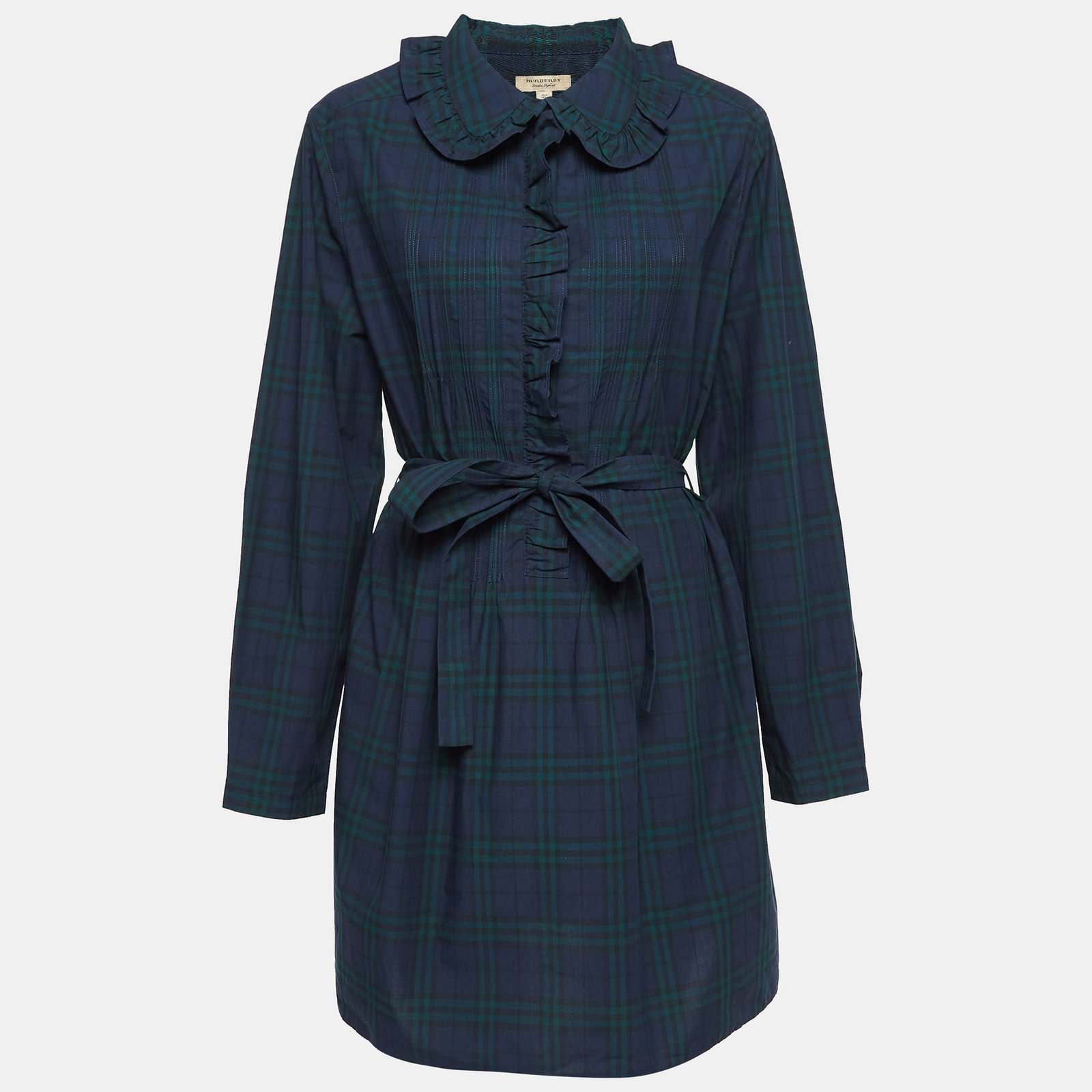 Burberry Navy Blue Plaid Cotton Ruffled Mini Dress L