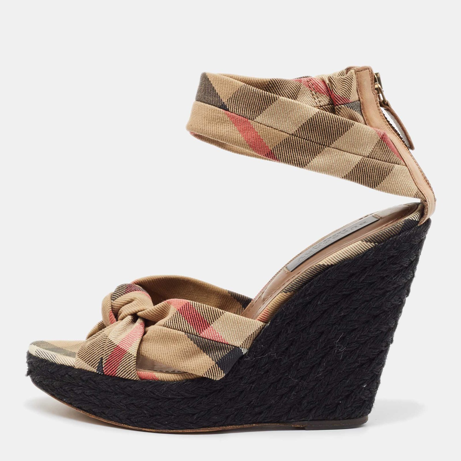 Burberry Brown/Beige Canvas and Leather Wedge Sandals Size 40