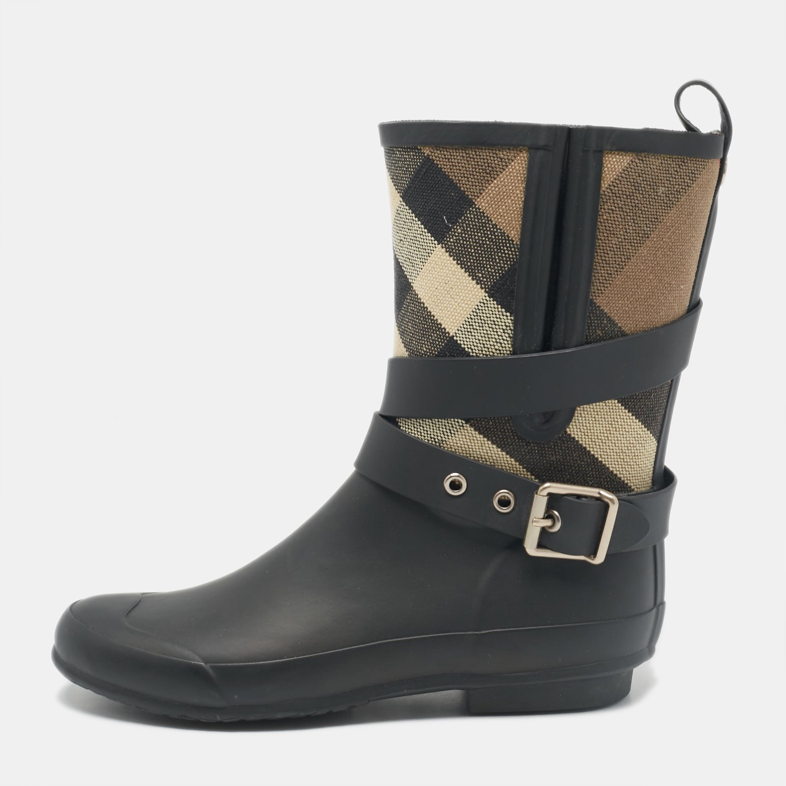 Burberry Beige/Black House Check Canvas and Rubber Rain Boots Size 37