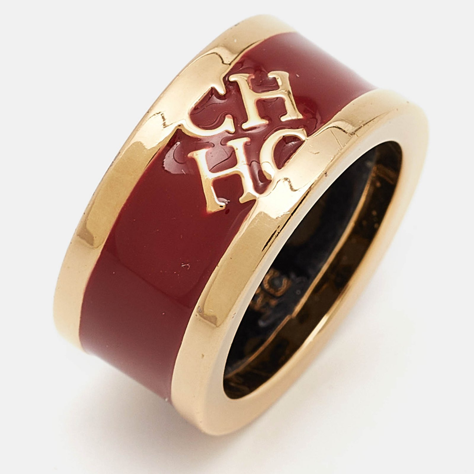 Carolina Herrera CH Logo Enamel Gold Tone Band Ring EU 54
