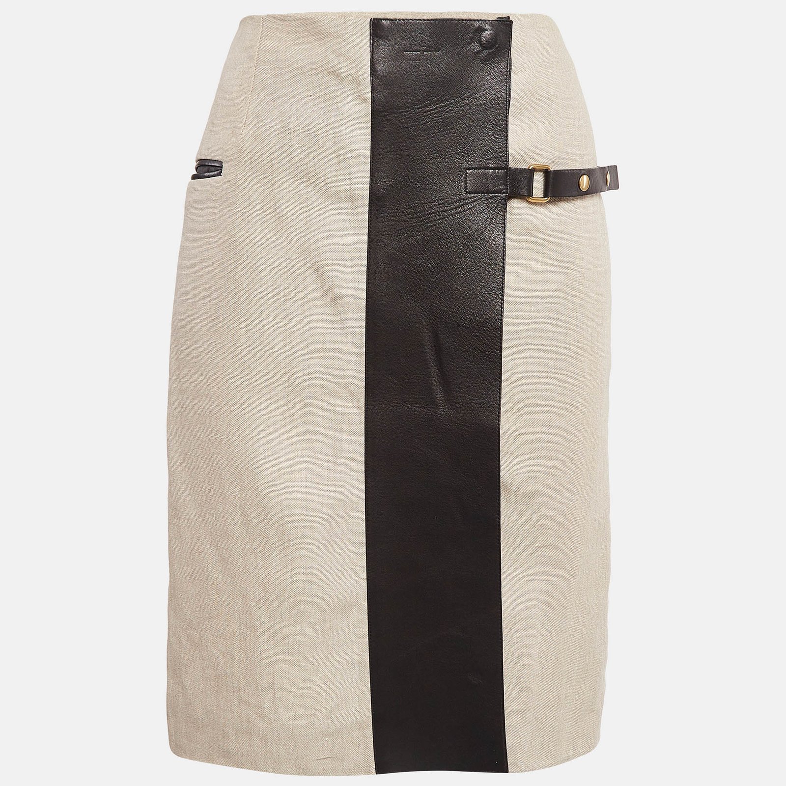 Celine Beige Linen & Leather Paneled Wrap Skirt M