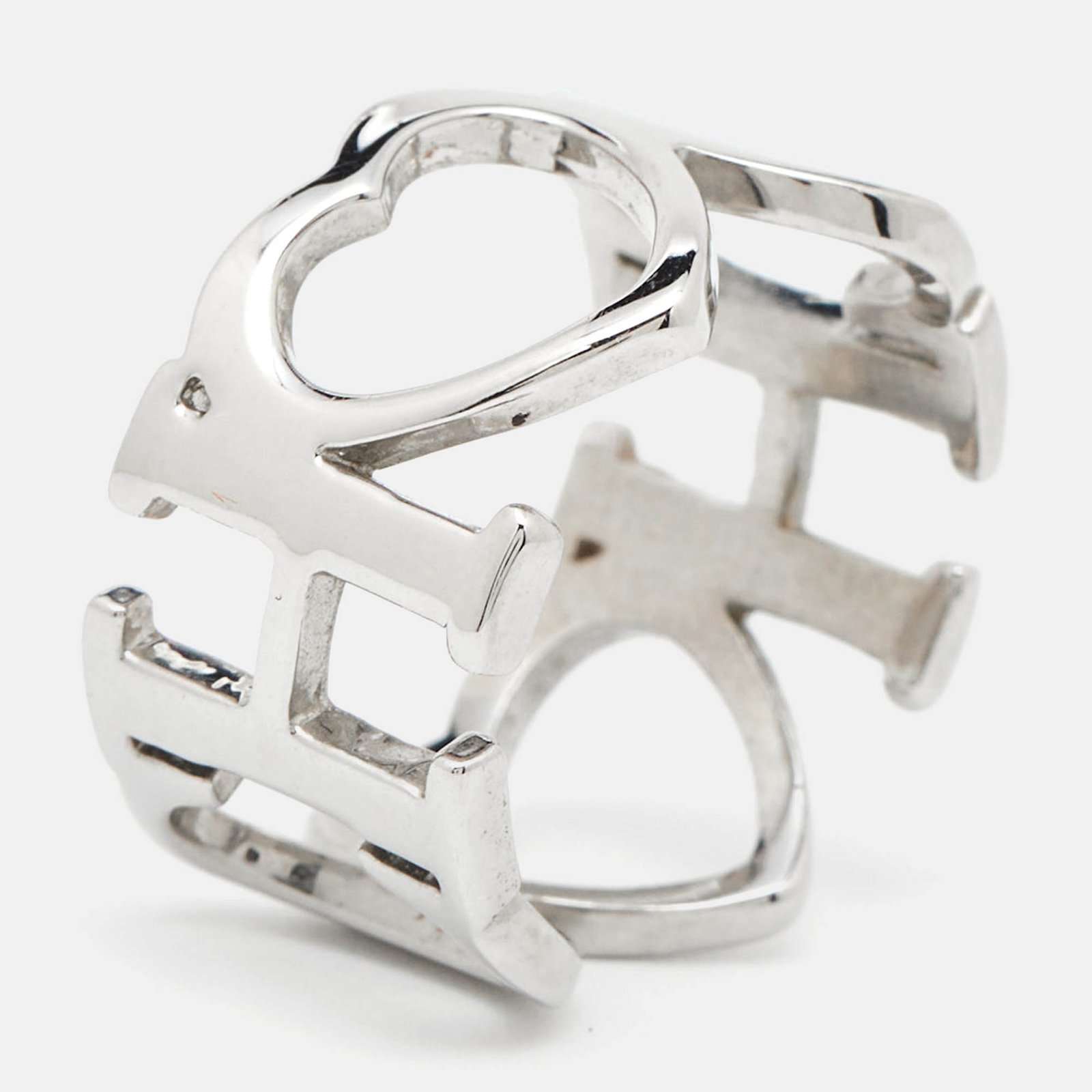 CH Carolina Herrera Silver Tone Logo & Heart Band Ring Size EU 53