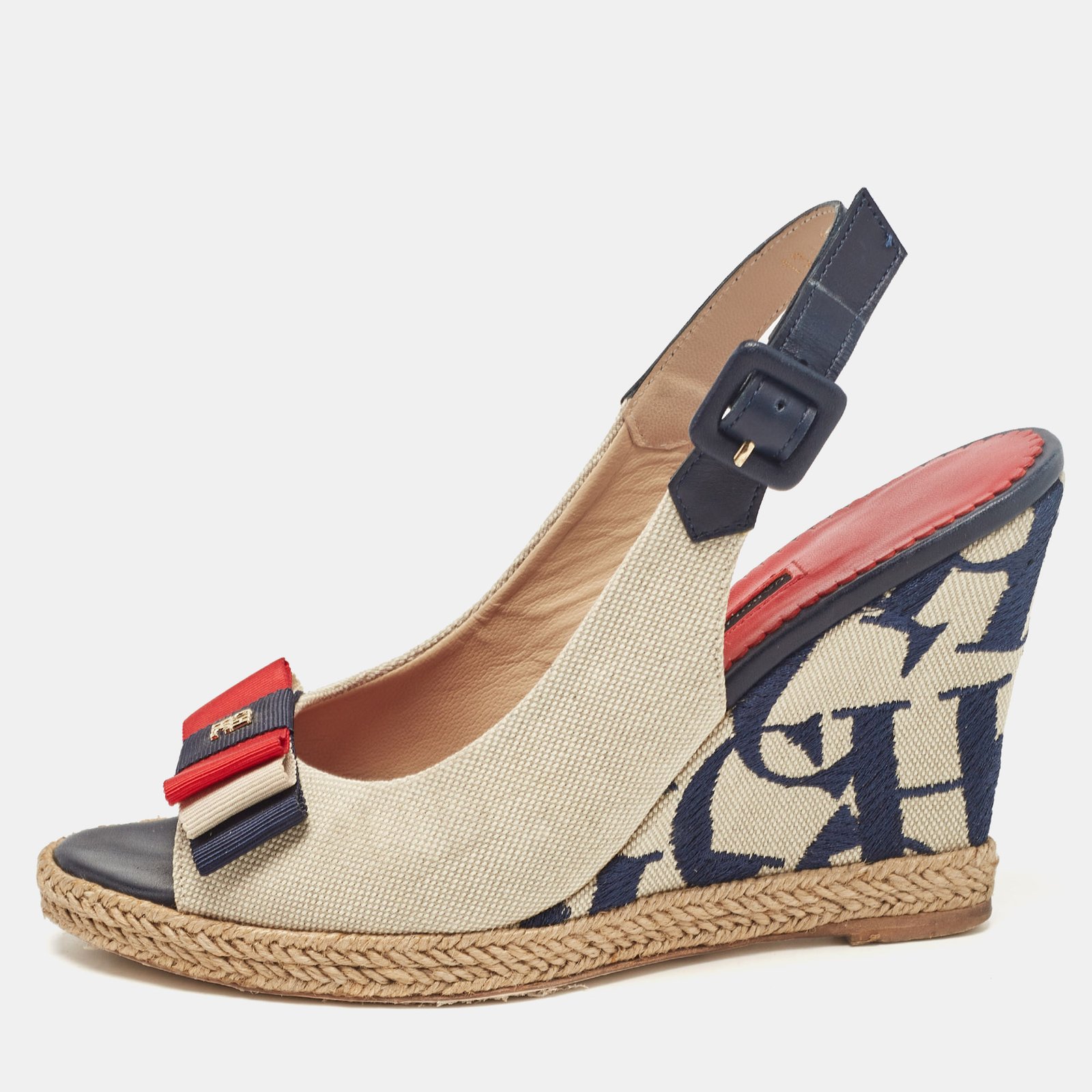 CH Carolina Herrera Two Tone Canvas and Leather Wedge Sandals Size 36