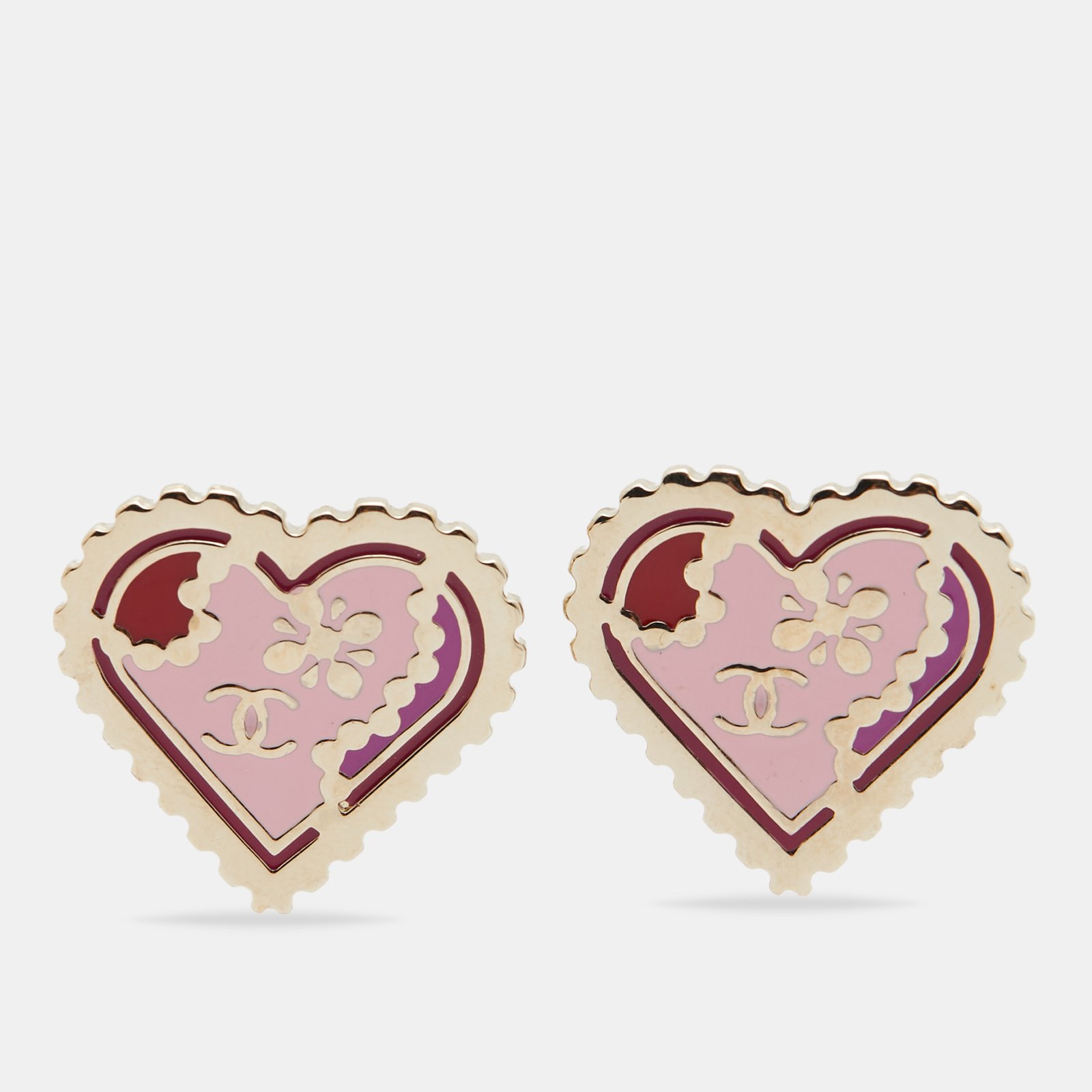 Chanel CC Heart Multicolor Enamel Gold Tone Clip On Earring
