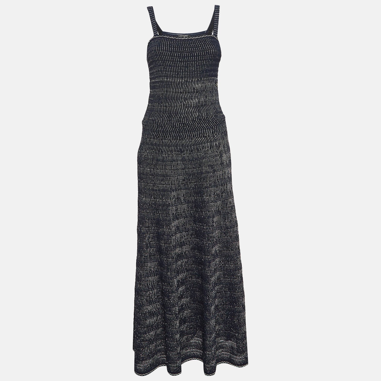 Chanel Navy Blue Patterned Knit Sleeveless Long Dress S