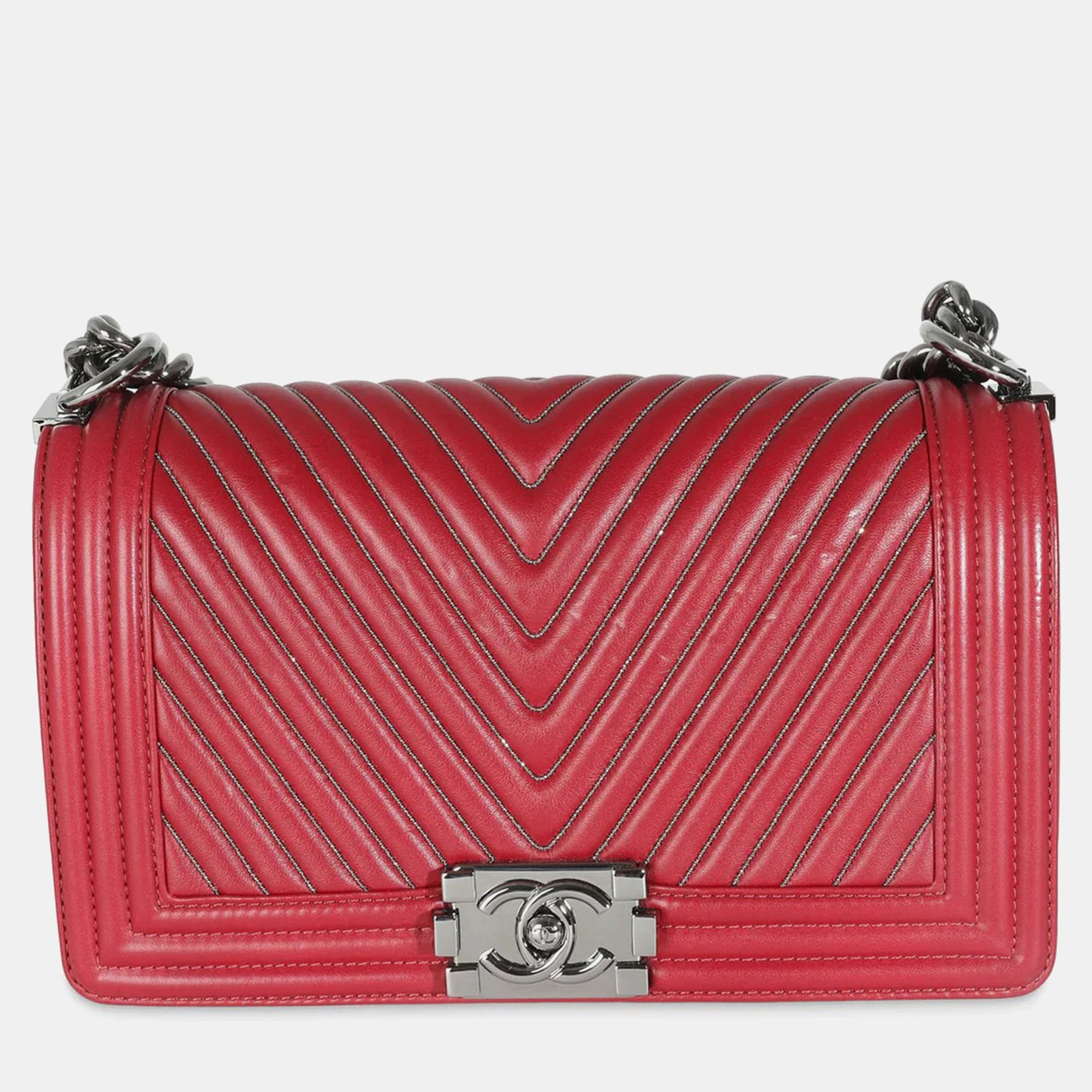 Chanel Burgundy Chevron Calfskin Chain Medium Boy Shoulder Bag