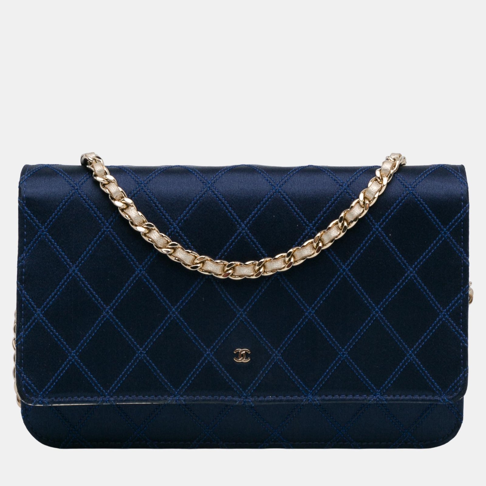 Chanel Navy Blue Satin Diamond Stitch Wallet On Chain
