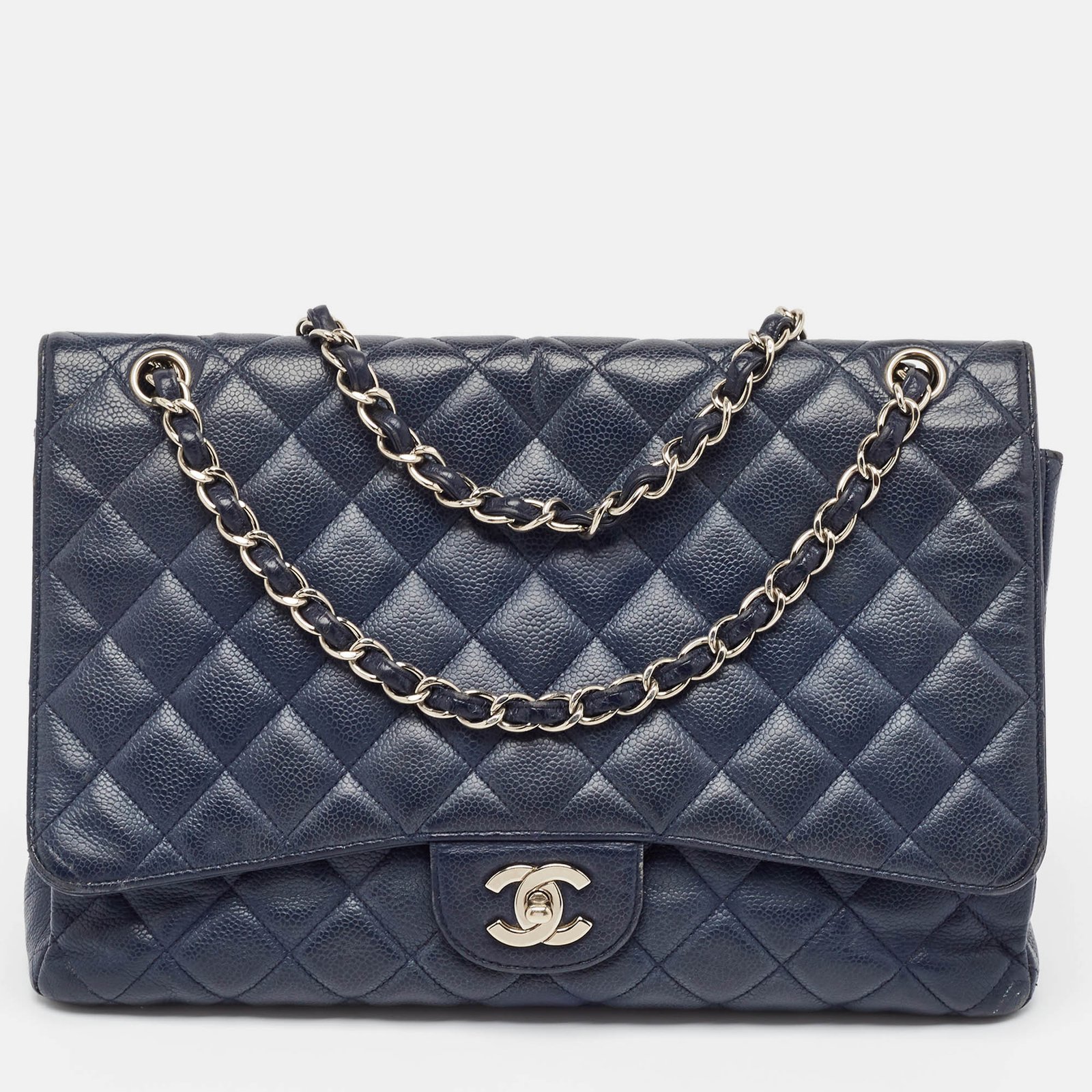 Chanel Navy Blue Quilted Caviar Leather Maxi Classic Single Flap Bag