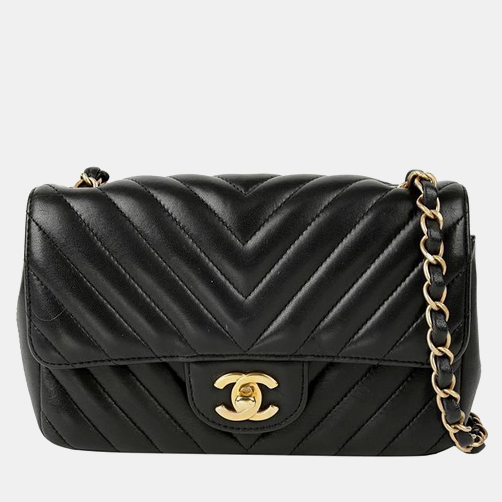 Chanel Black Chevron Lambskin Leather Mini Classic Single Flap Shoulder Bag