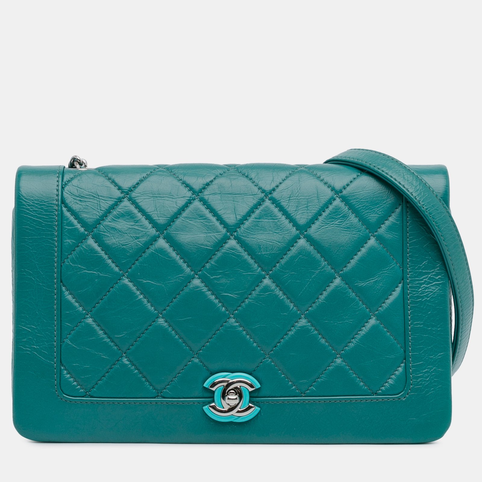 Chanel Turqoise Crumpled Calfskin Leather Bi Quilted Vintage Full Flap Bag