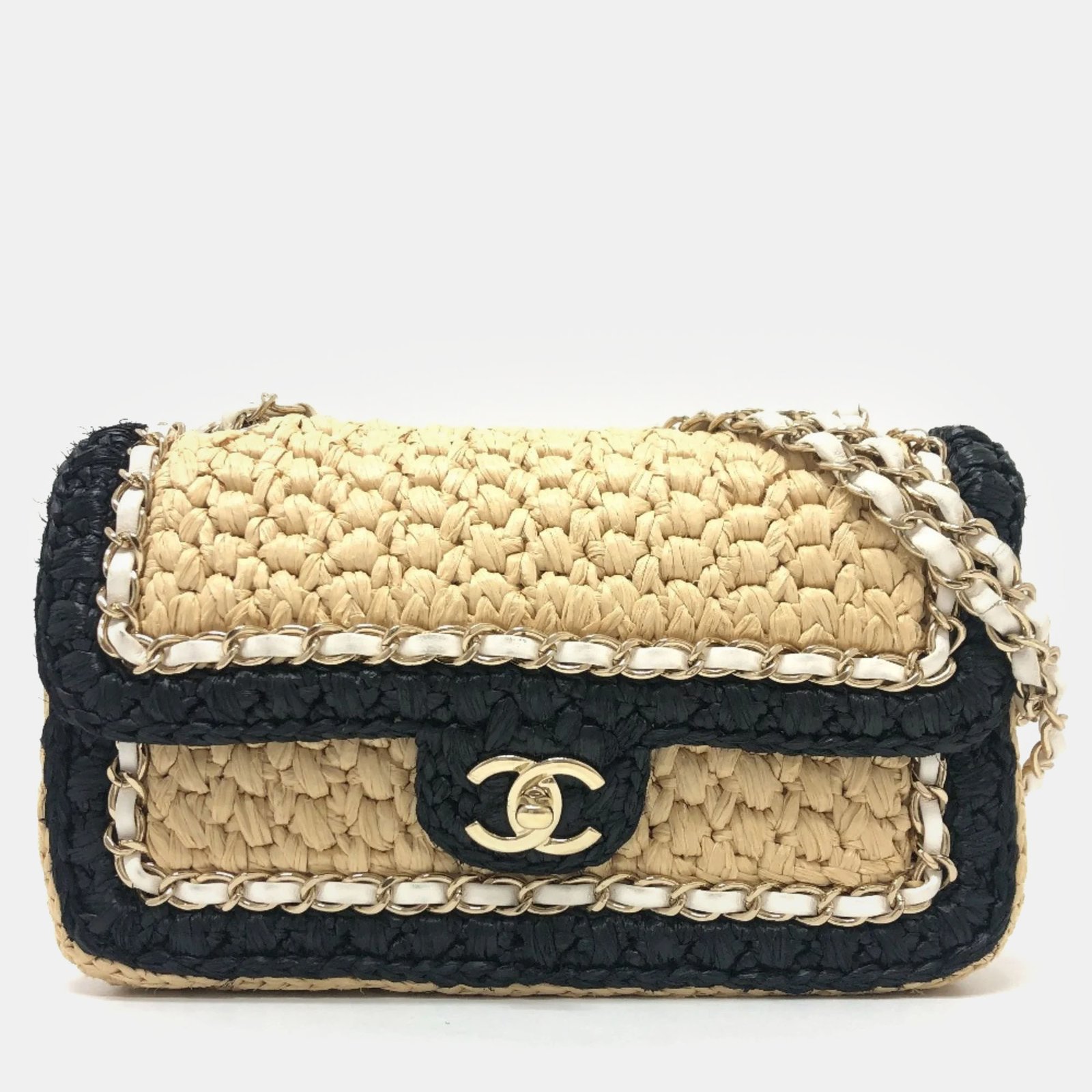 Chanel Beige/Black Raffia Flap Bag