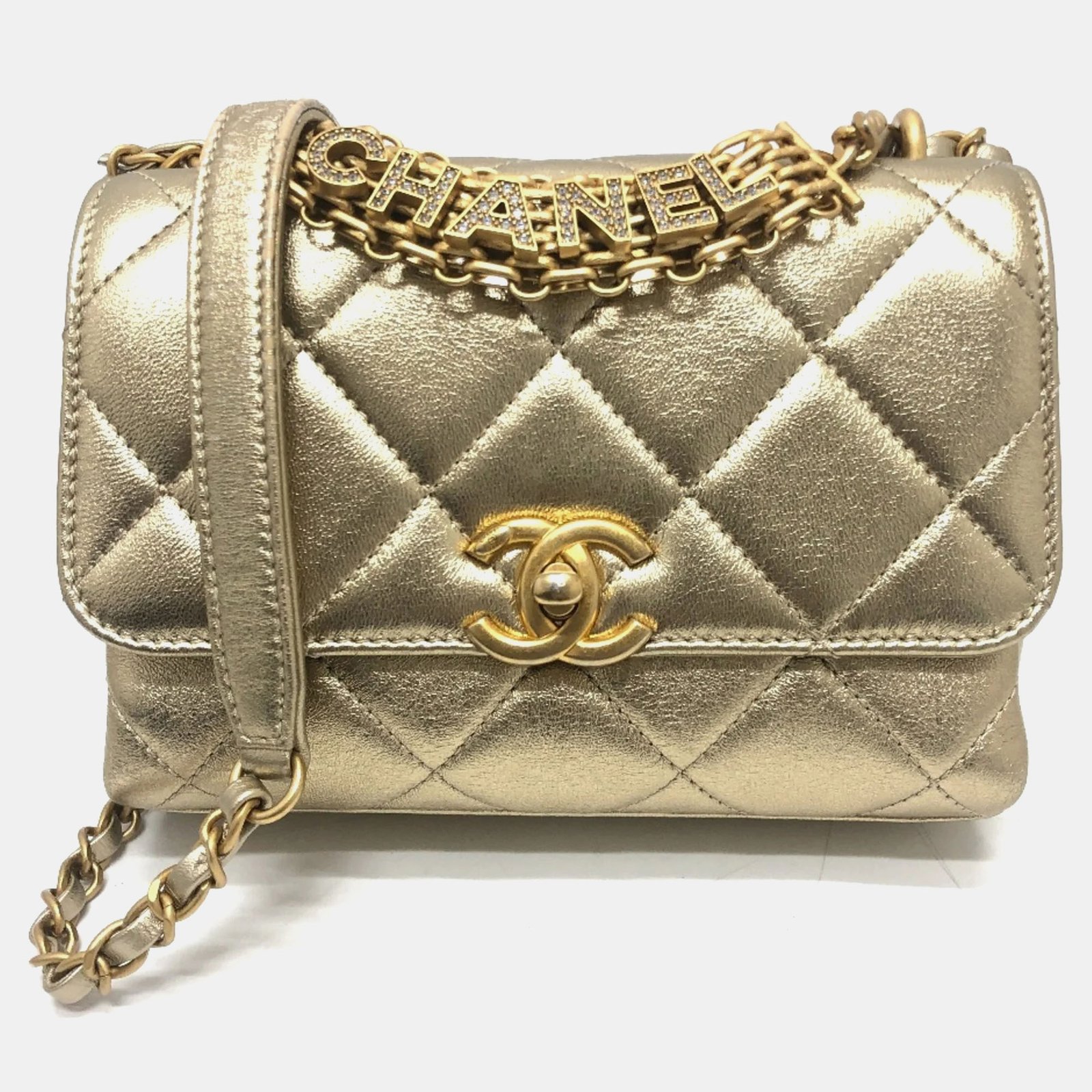 Chanel Gold Quilted Lambskin Mini Crystal Logo Letters Chain Handle Flap Bag