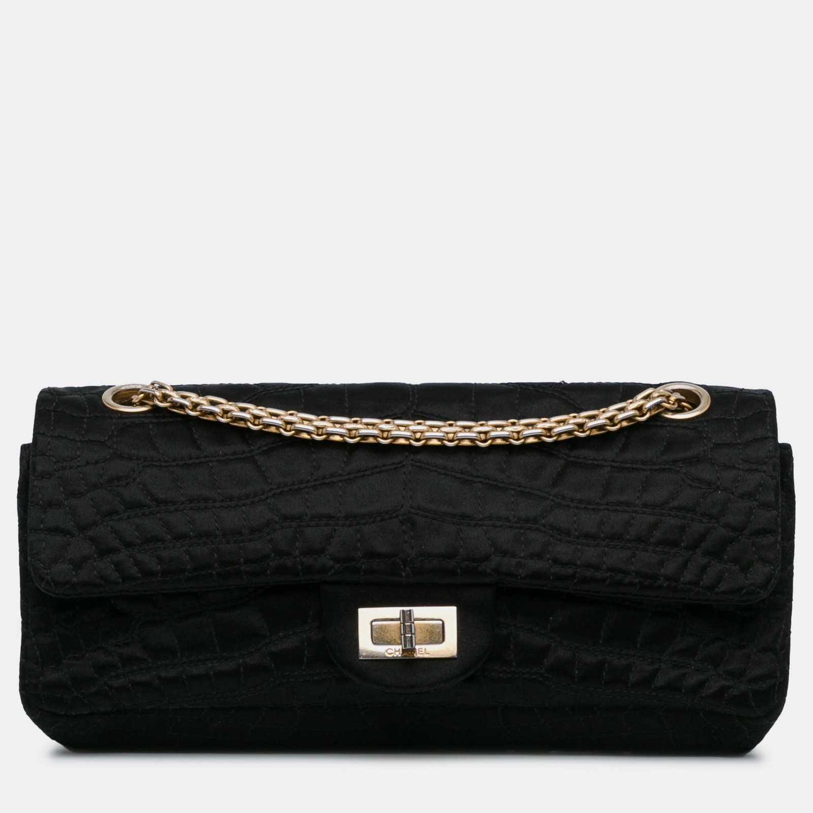 Chanel Black Satin Reissue 2.55 Croc Stitched East West Double Flap Bag