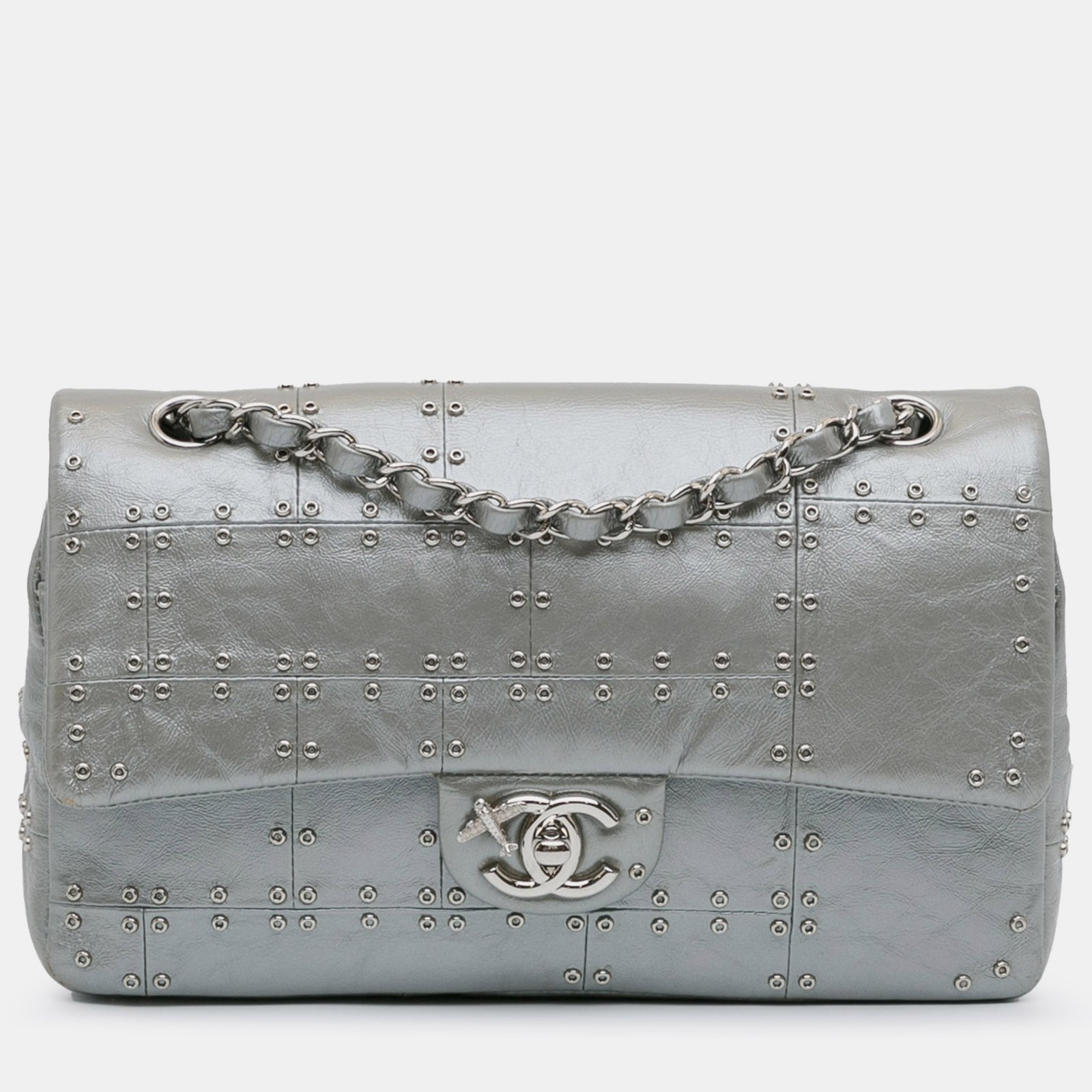 Chanel Silver Glazed Calfskin Leather Grommet Embellished Airline Double Flap Bag