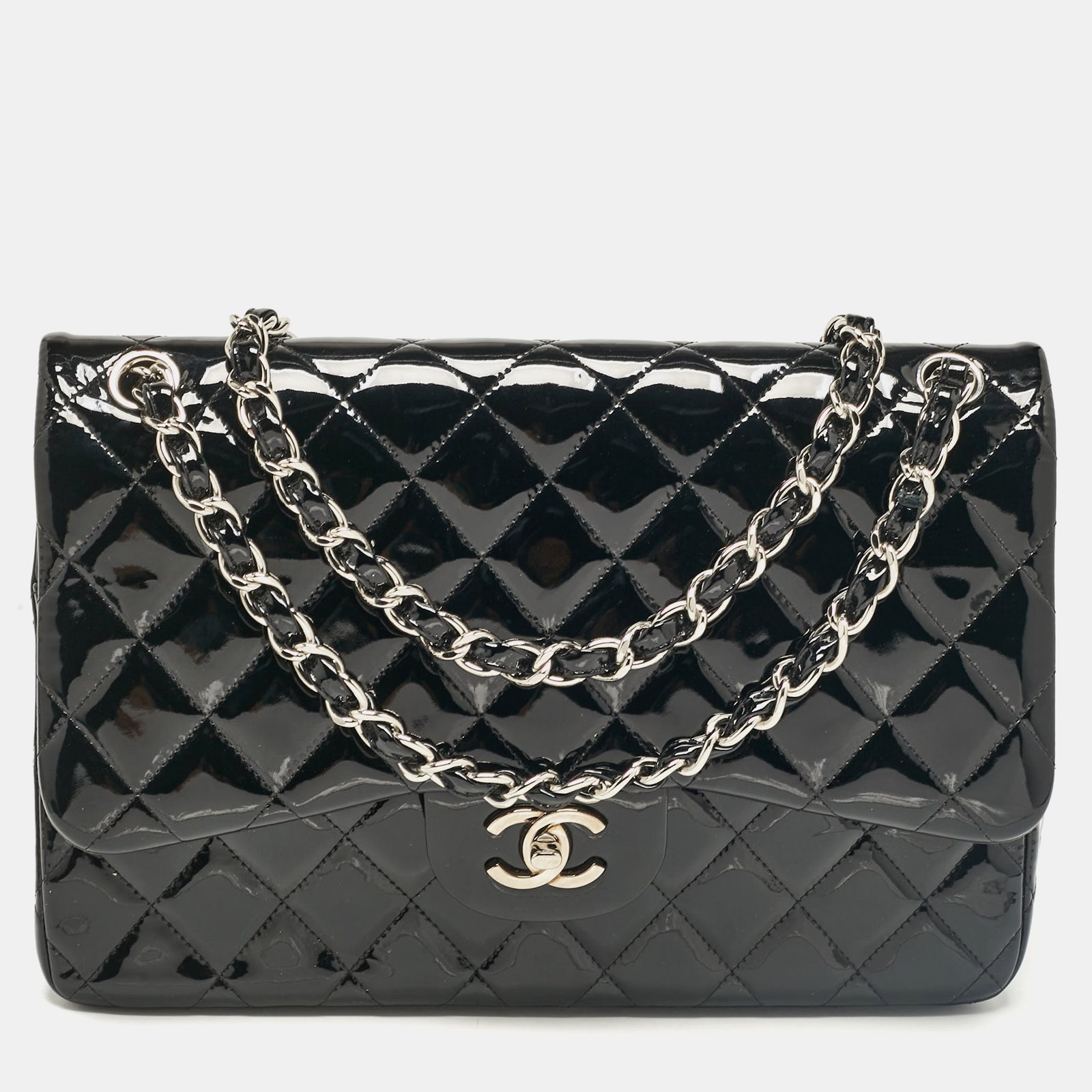 Chanel Black Quilted Patent Leather Jumbo Classic Double Flap Bag