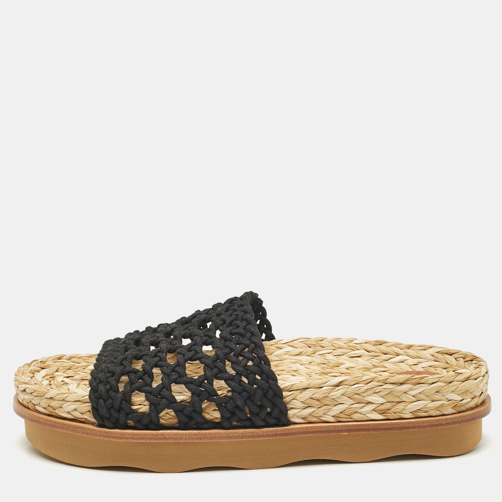 Chloe Black Woven Crochet Wavy Flat Slides Size 40