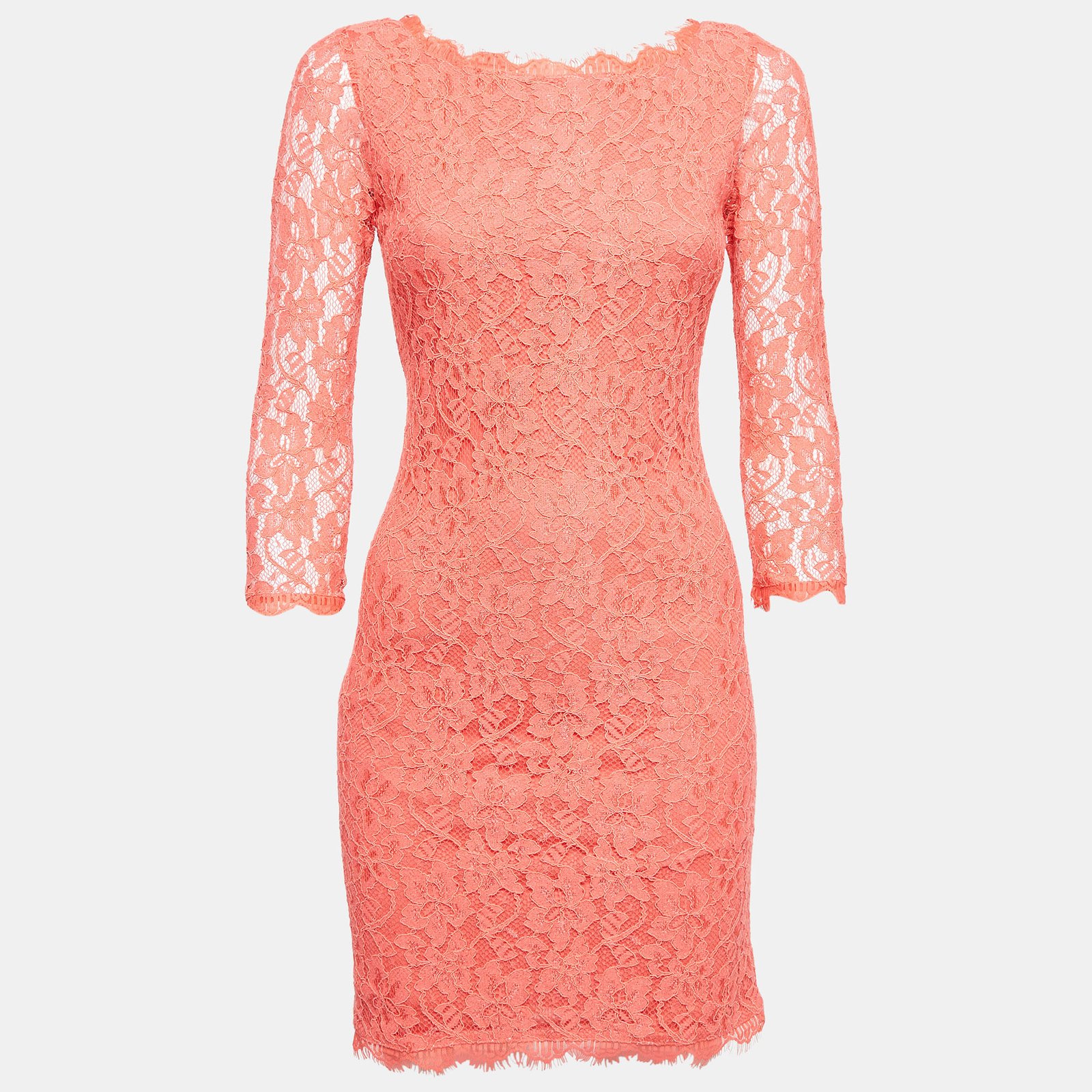 Diane Von Furstenberg Coral Pink Lace Long Sleeve Mini Dress S