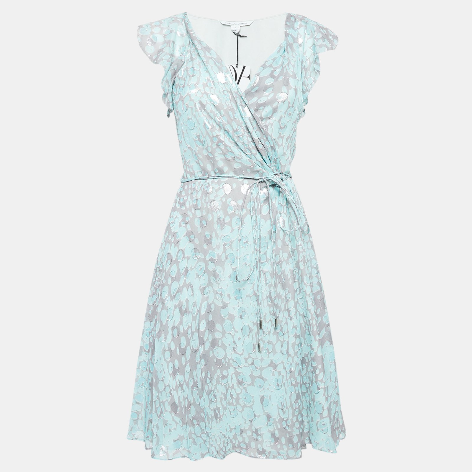 Diane Von Furstenberg Grey/Blue Printed Silk Delancey Wrap Dress S