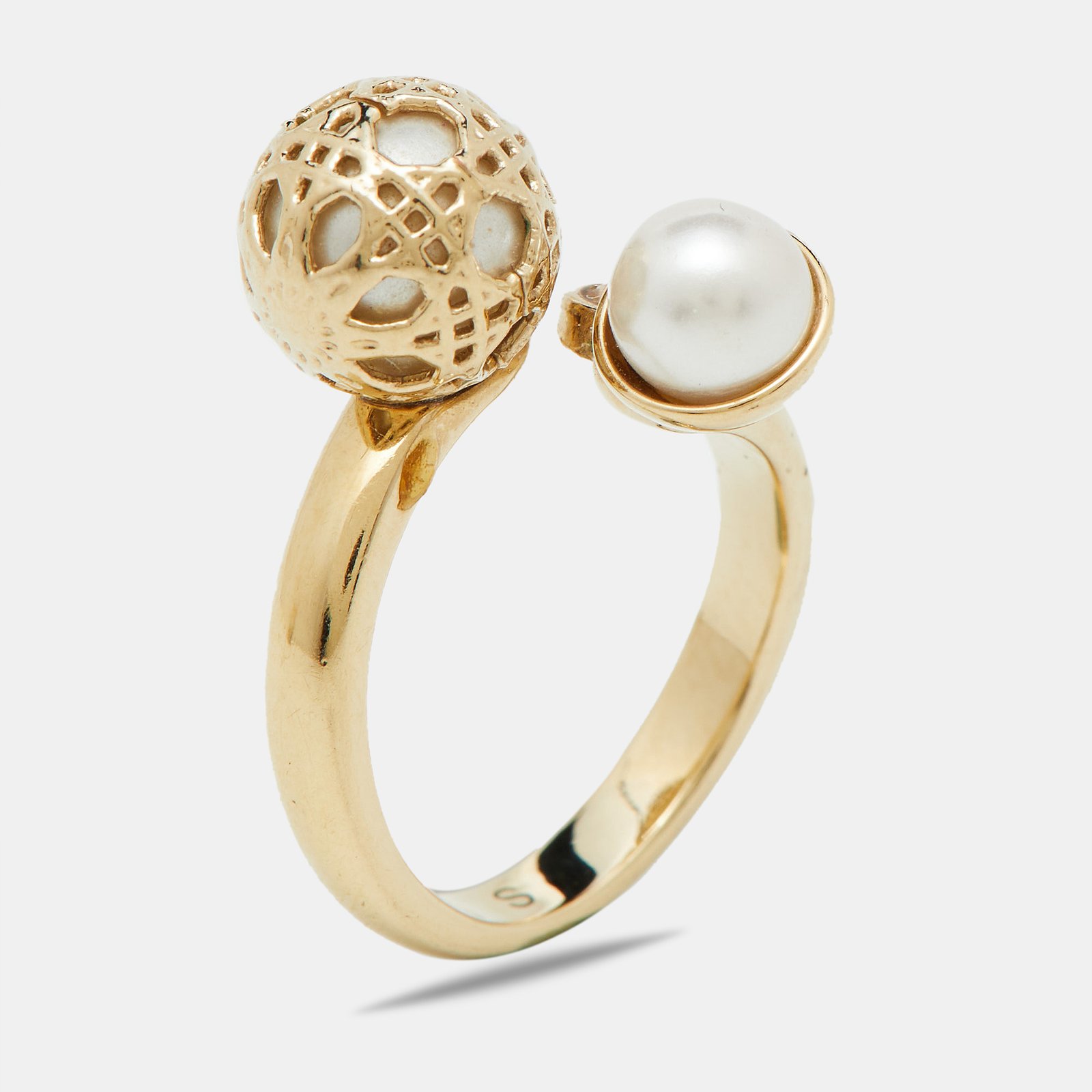 Dior Secret Cannage Faux Pearl Crystal Gold Tone Open Ring Size 49