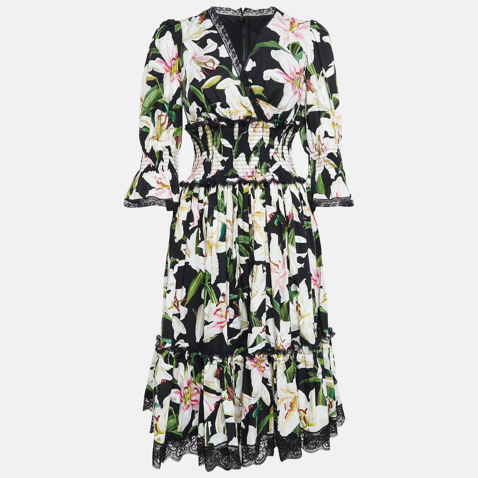 Dolce & Gabbana Black Lily Print Cotton and Lace Midi Length Dress M