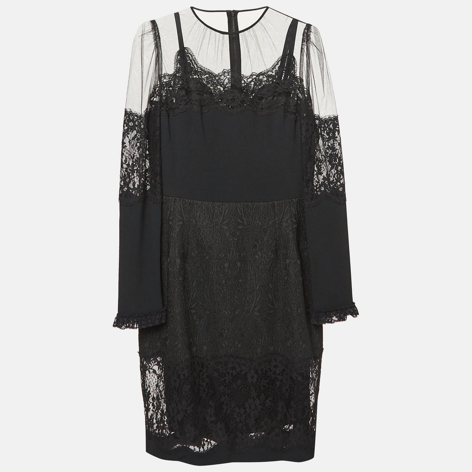 Dolce & Gabbana Black Lace Trim Tulle and Jacquard Midi Dress M