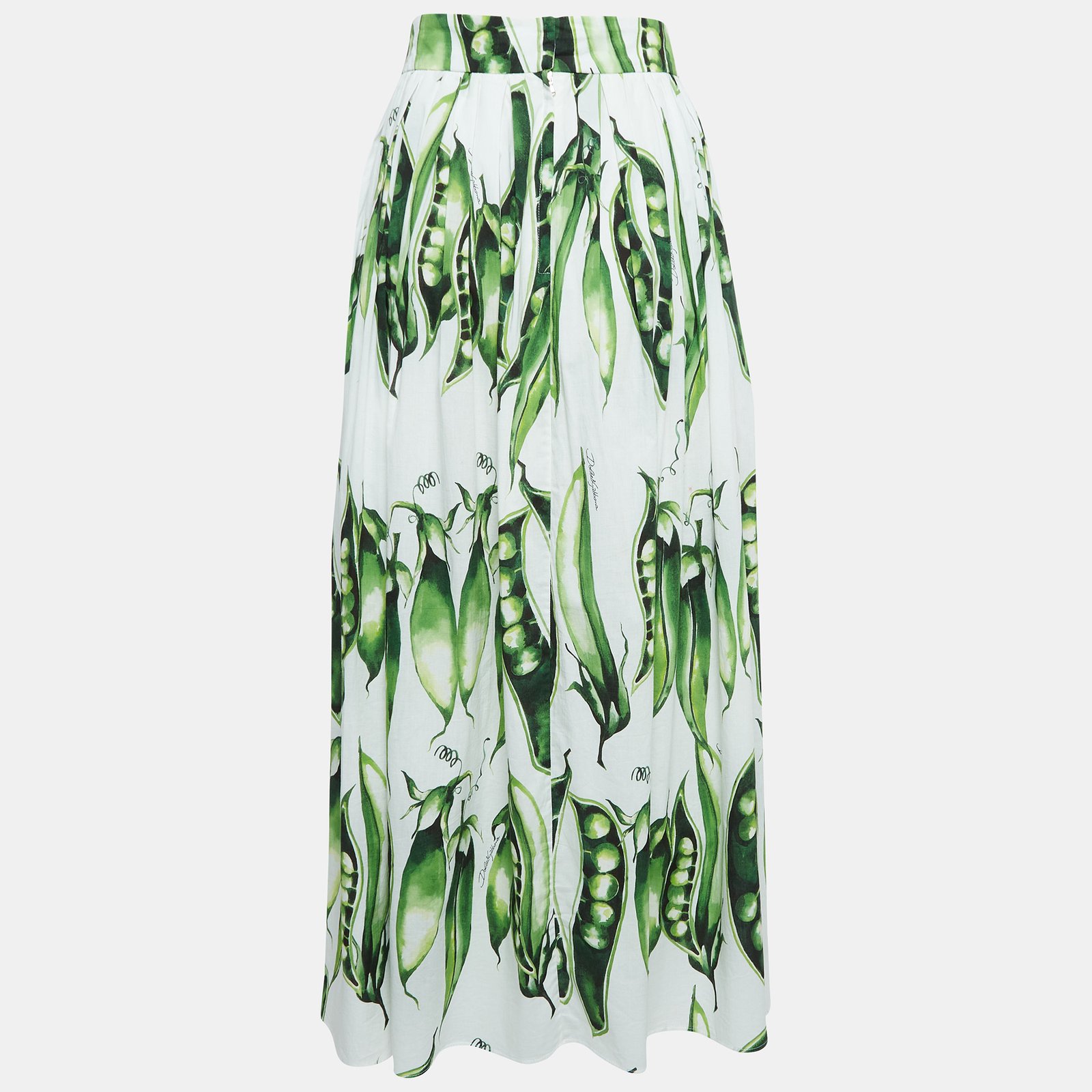 Dolce & Gabbana White/Green Peas Print Cotton Midi Skirt L
