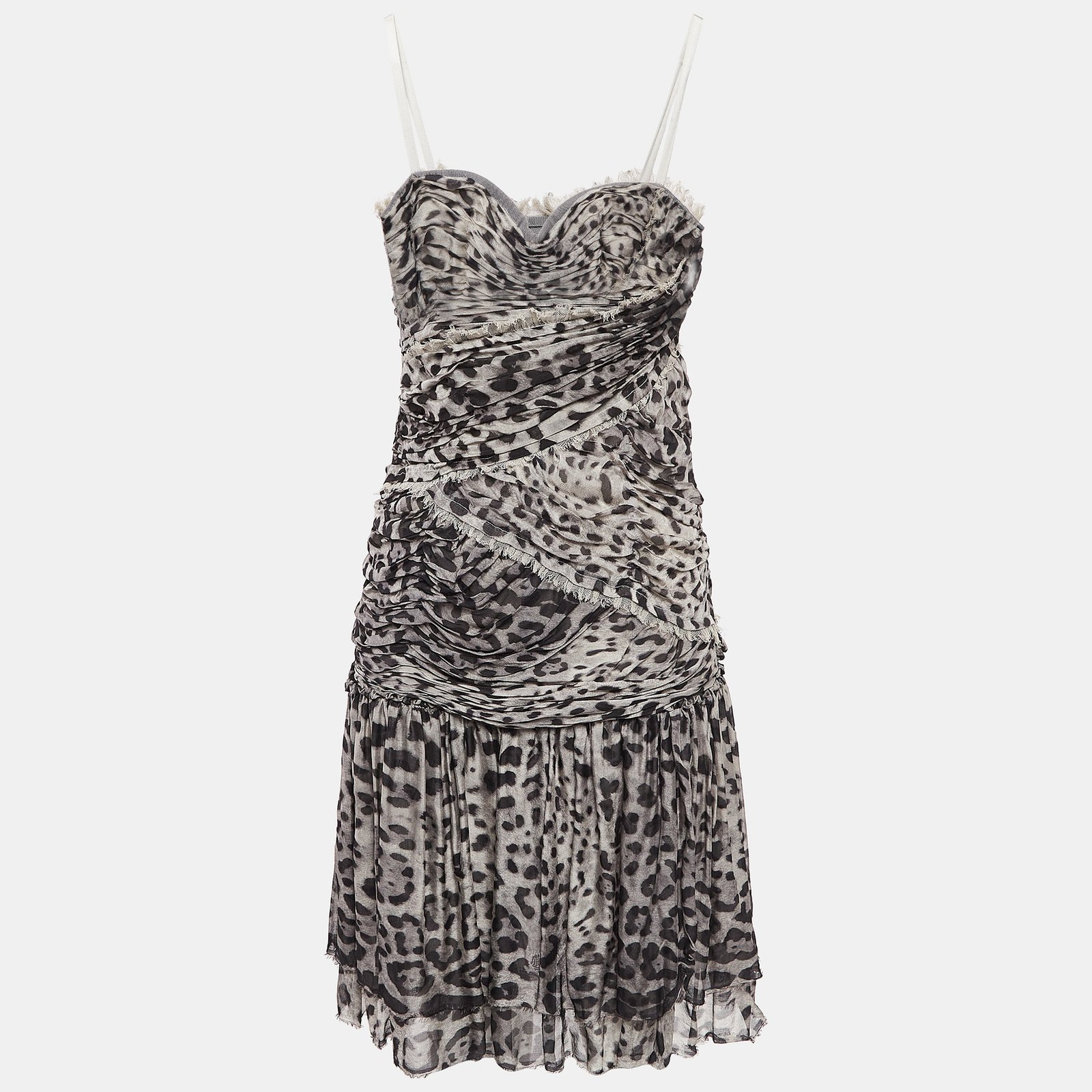 Dolce & Gabbana Grey Leopard Print Silk Ruched Midi Dress M