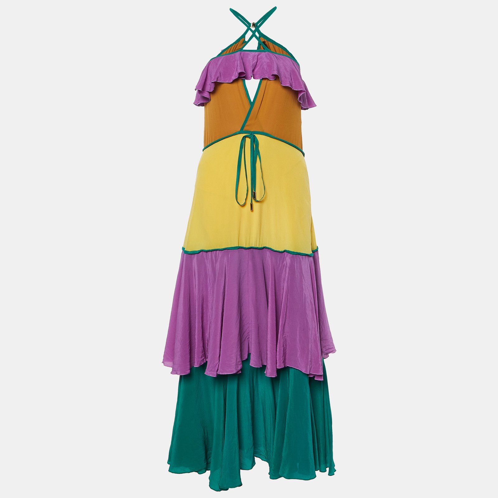 Dsquared2 Purple Colorblock Silk Ruffled Sleeveless Long Dress S