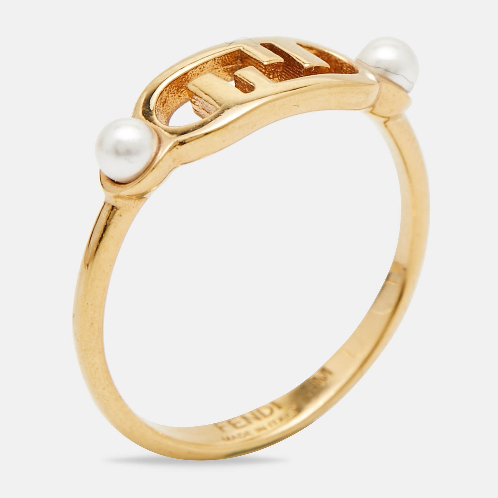 Fendi O'Clock Faux Pearl Gold Tone Ring Size 55