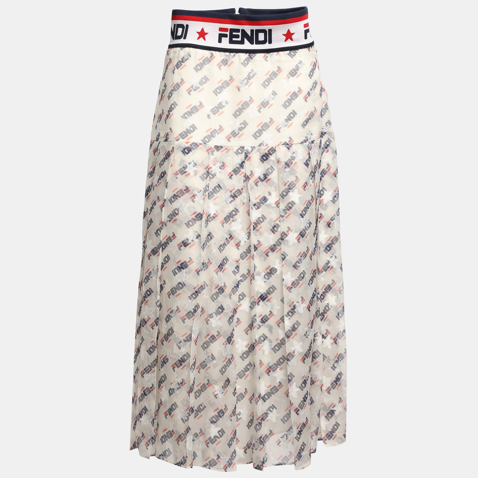 Fendi X Fila White Fendi Mania Print Silk Pleated Midi Skirt M