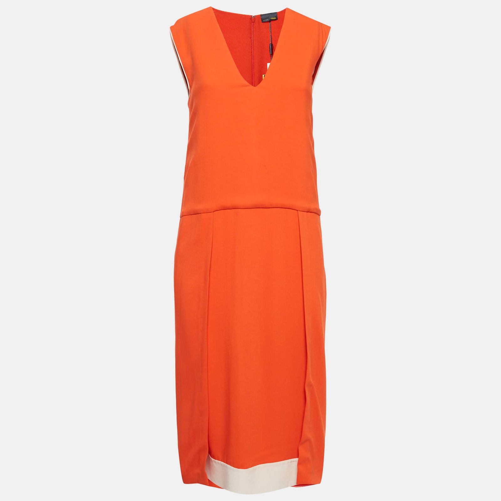 Fendi Orange Crepe V-Neck Pleated Midi Dress S