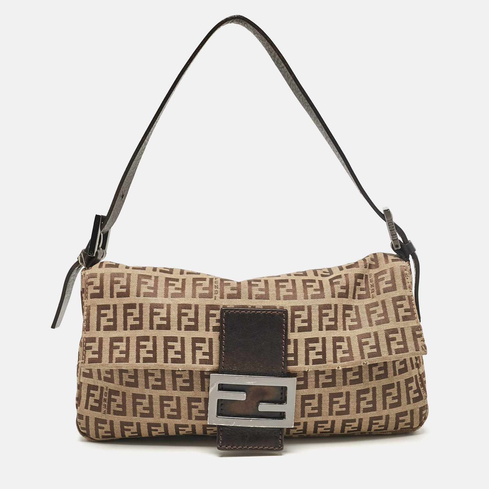 Fendi Beige/Brown Zucchino Fabric and Leather Baguette Bag