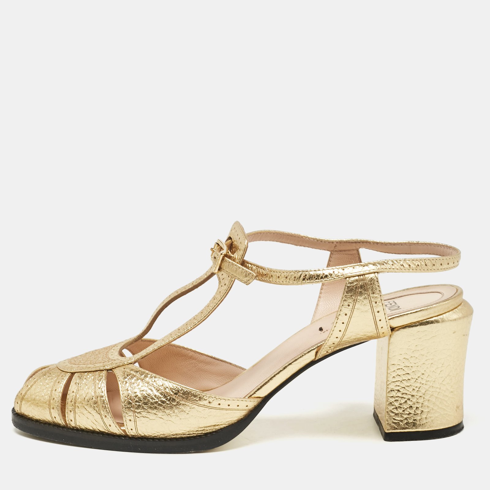 Fendi Gold Leather Block Heel Ankle Strap Sandals Size 39