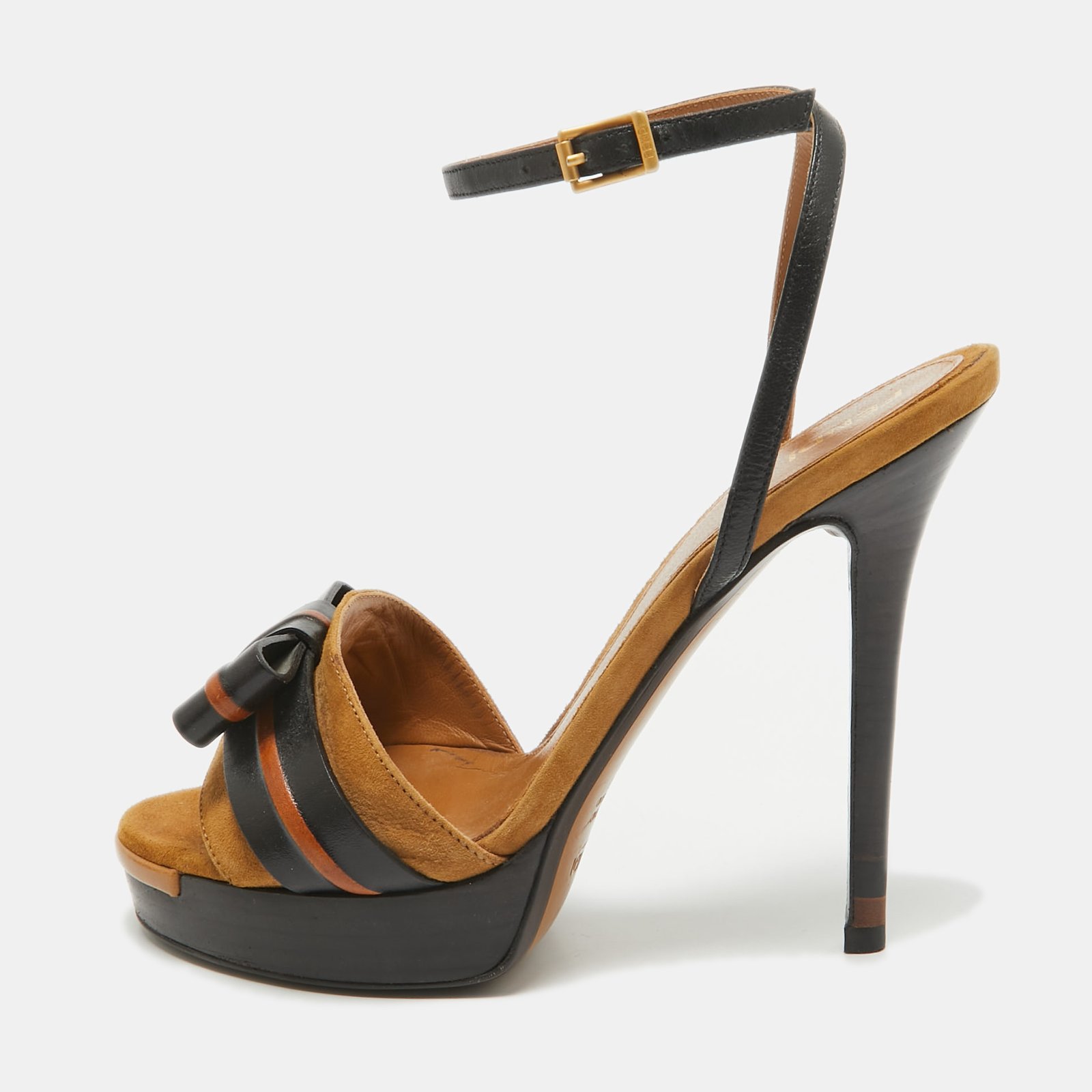 Fendi Black/Brown Leather and Suede Bow Platform Ankle Strap Sandals Size 37