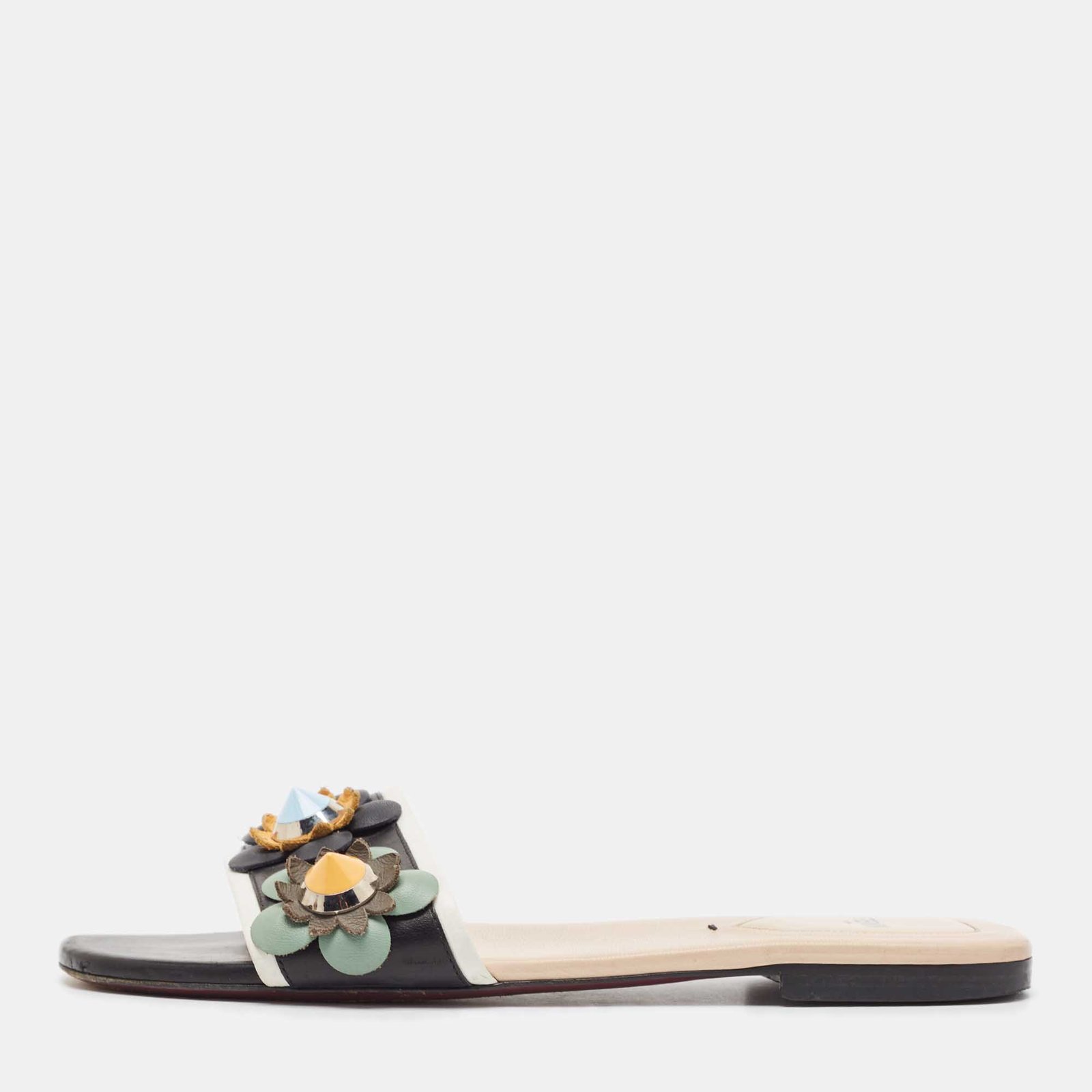 Fendi Black/Cream Leather Flowerland Flat Sandals Size 38