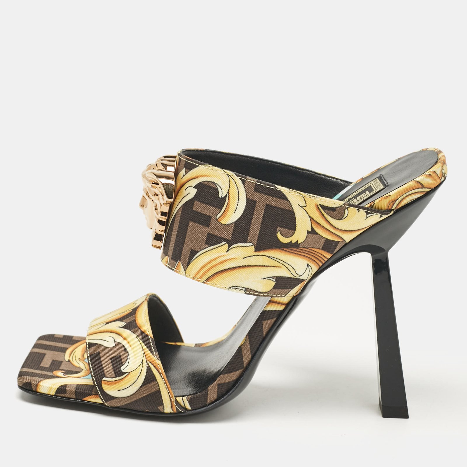 Fendi x Versace Black/Yellow Baroque Fabric Medusa Slide Sandals Size 36.5