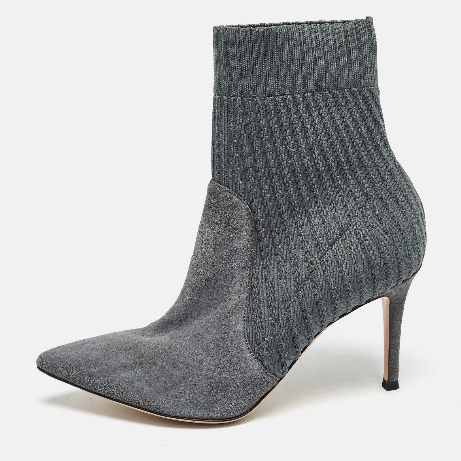 Gianvito Rossi Grey Knit Fabric And Suede Katie Ankle Boots Size 36.5