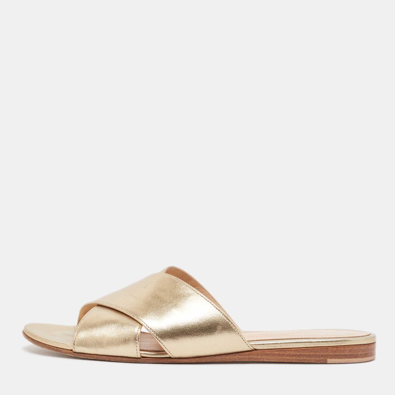Gianvito Rossi Gold Leather Flat Slides Size 38.5