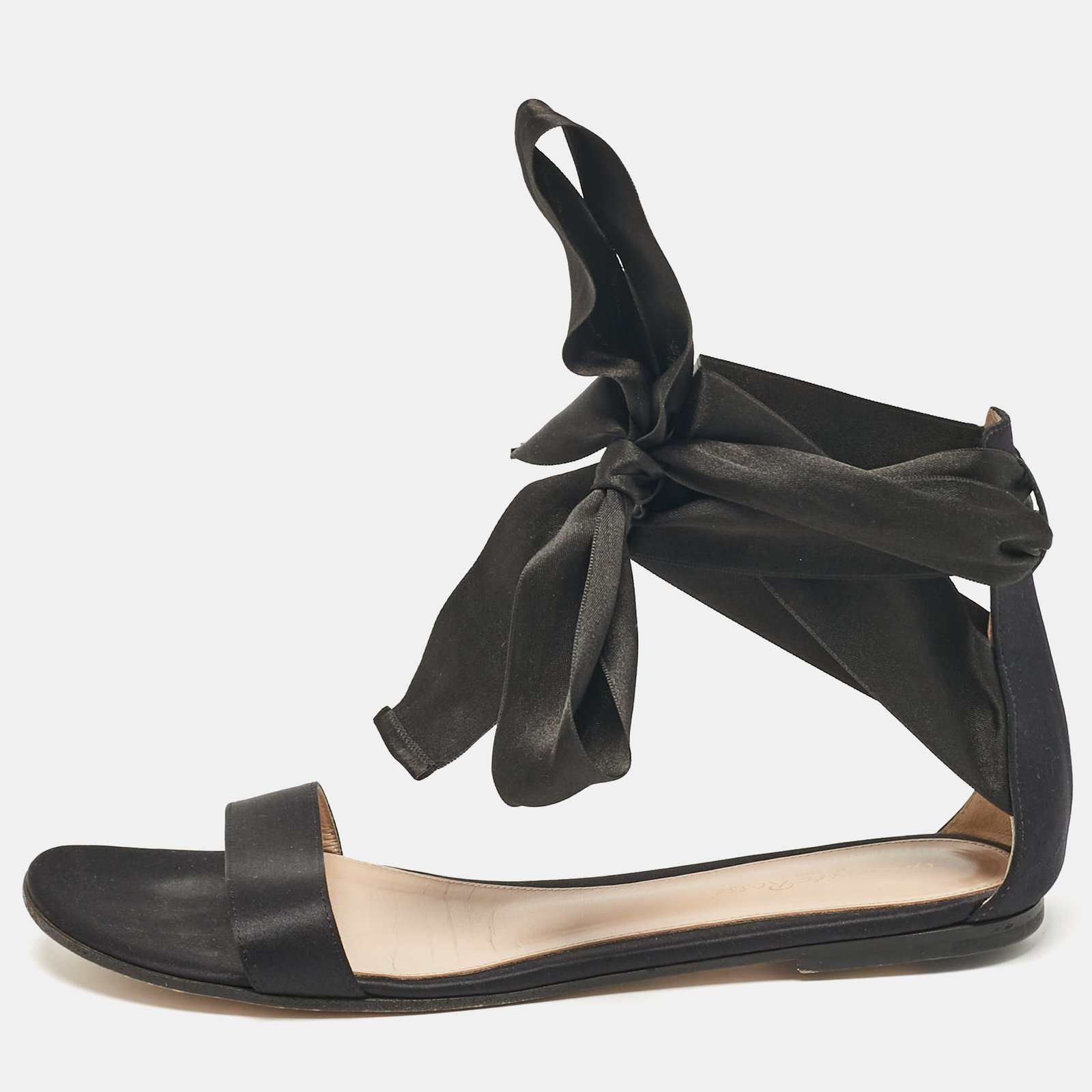 Gianvito Rossi Black Satin Ankle Tie Flat Sandals Size 40