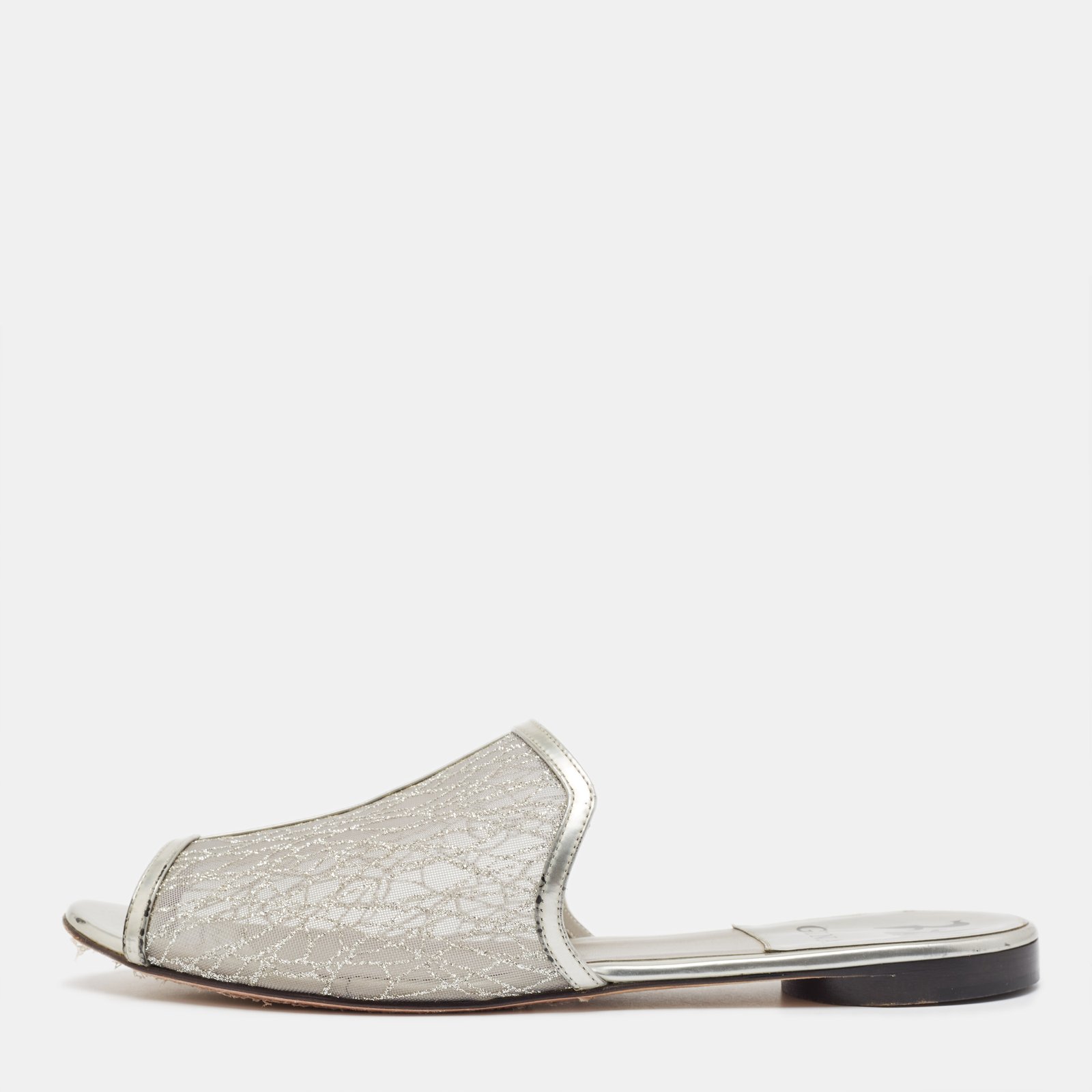 Gina Metallic Grey Glitter Mesh Flat Slides Size 40.5