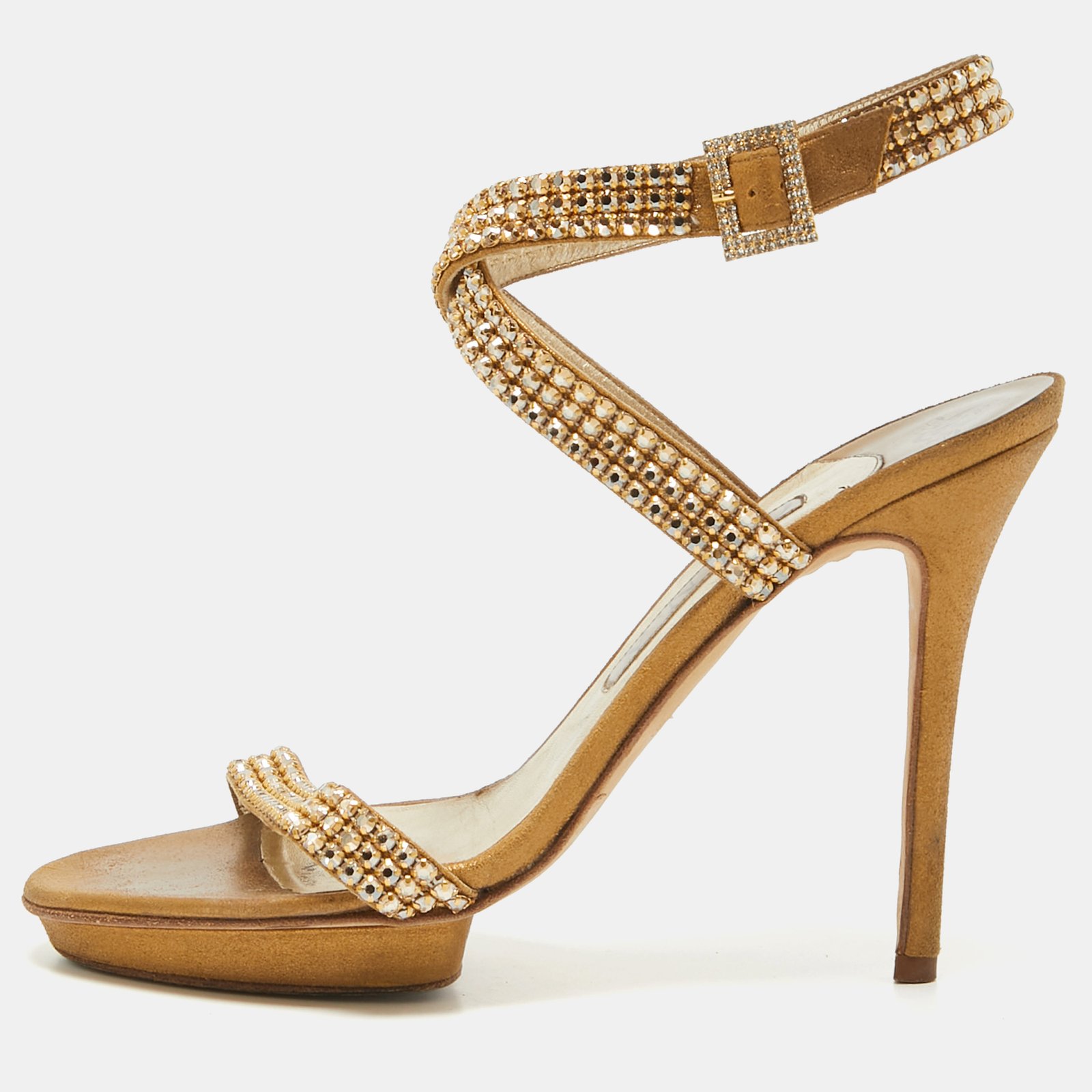 Gina Gold Crystal Embellished Suede Ankle Wrap Sandals Size 39