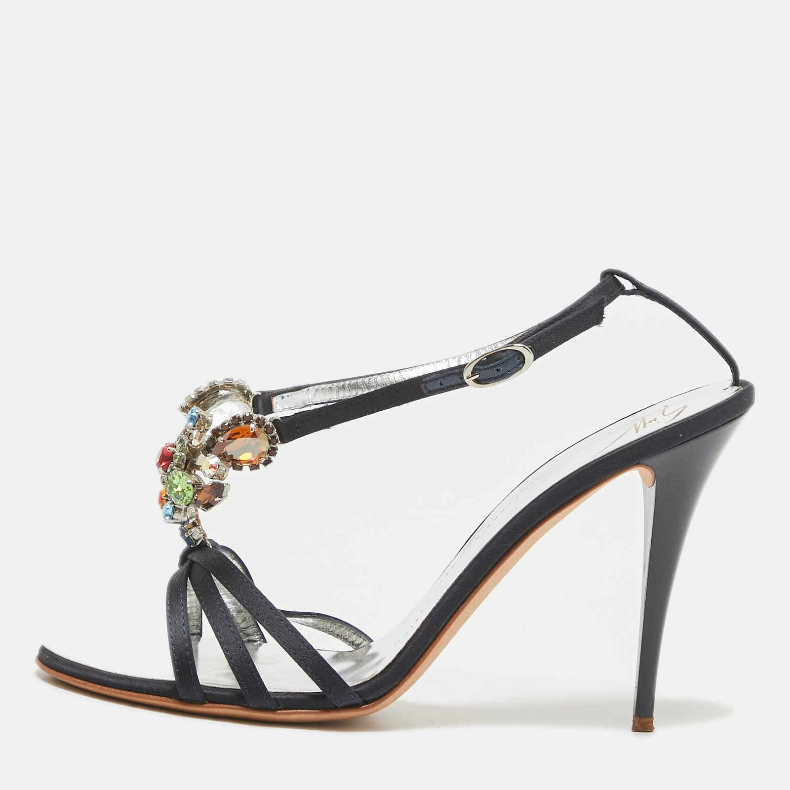 Giuseppe Zanotti Navy Blue Satin Crystals Embellished Ankle Strap Sandals Size 39.5
