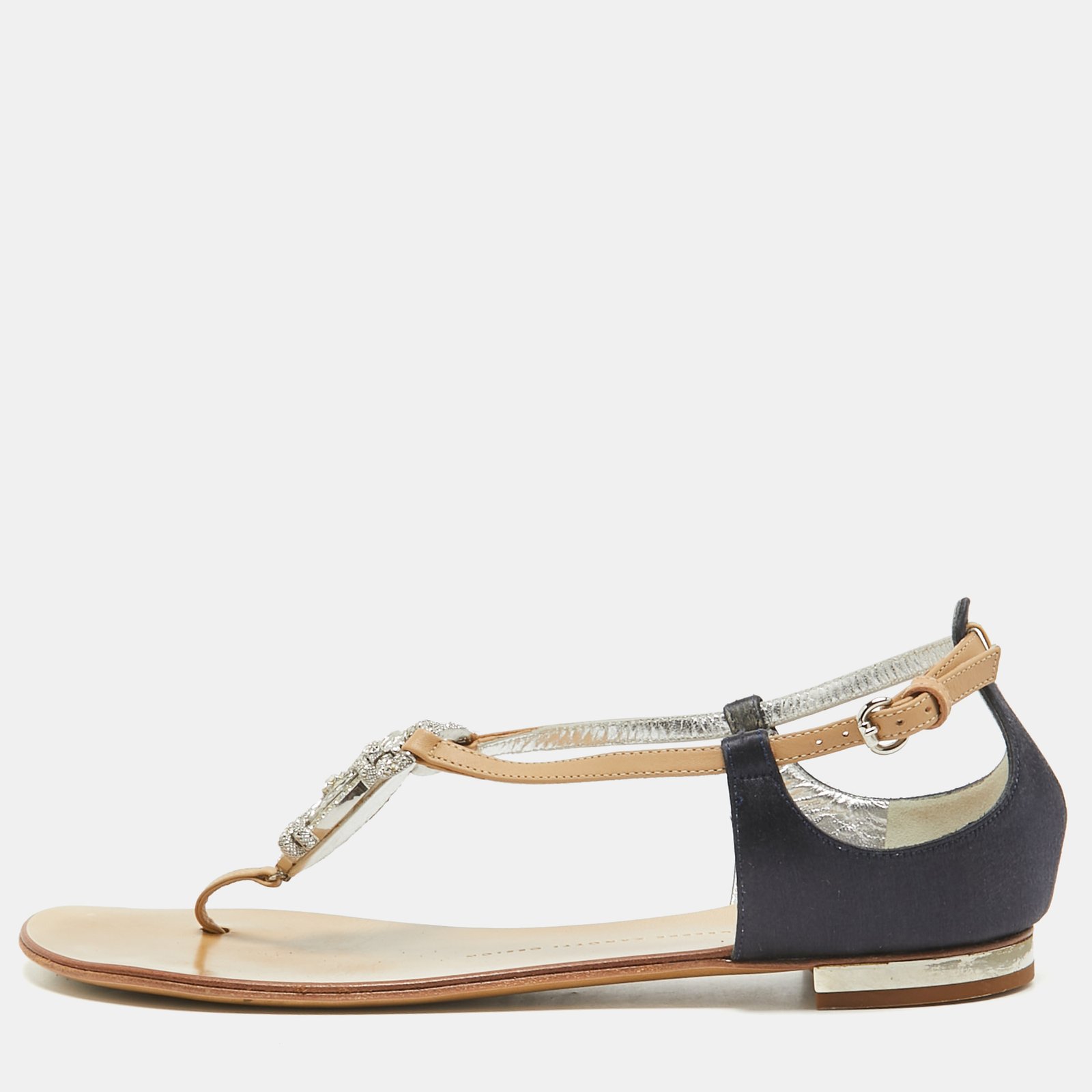 Giuseppe Zanotti Brown/Navy Blue Leather and Satin Ankle Strap Sandals Size 39.5