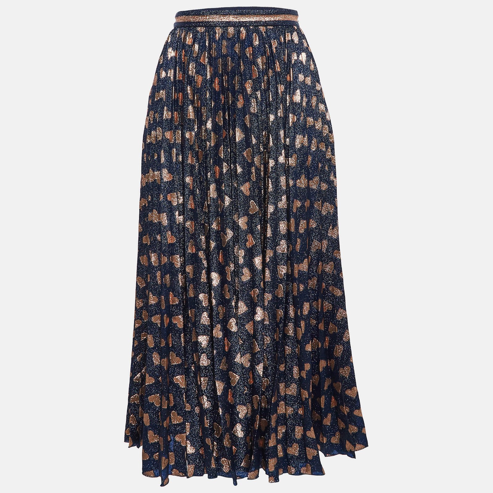 Gucci Navy Blue Heart Pattern Lamé Plisse Midi Skirt S