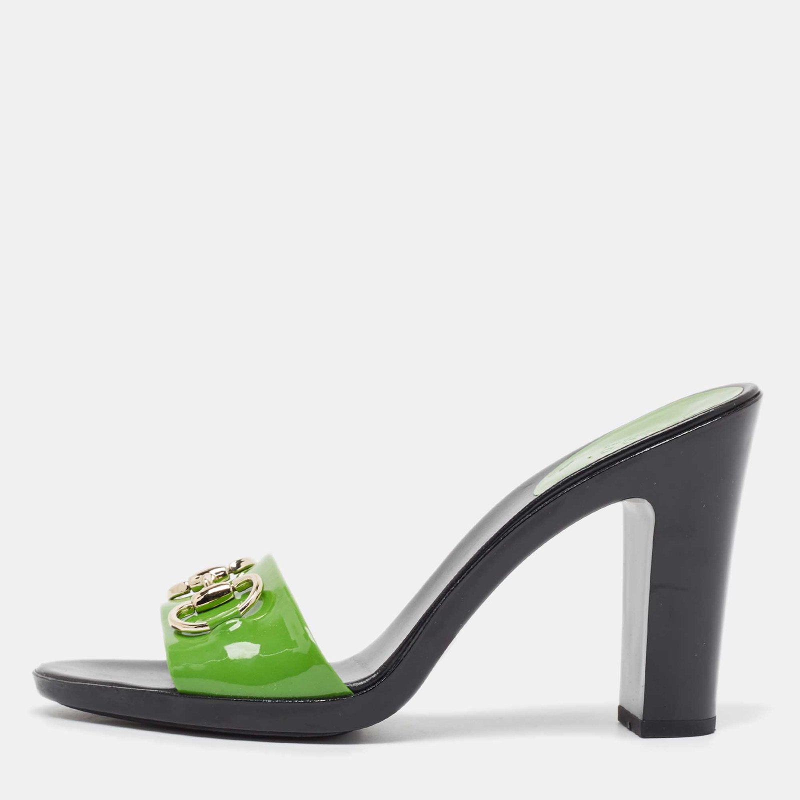 Gucci Green Patent Leather Horsebit Slide Sandals Size 38.5