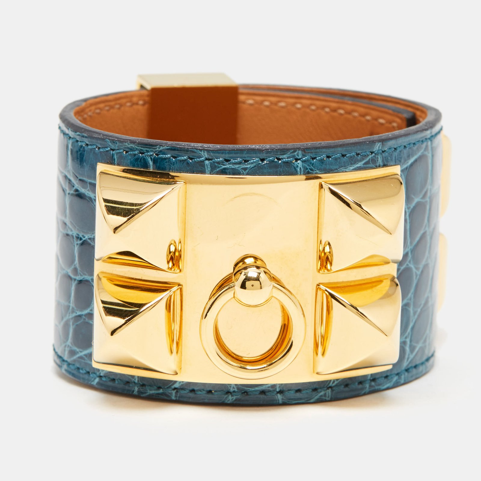Hermes Collier De Chien Green Alligator Leather Gold Plated Bracelet
