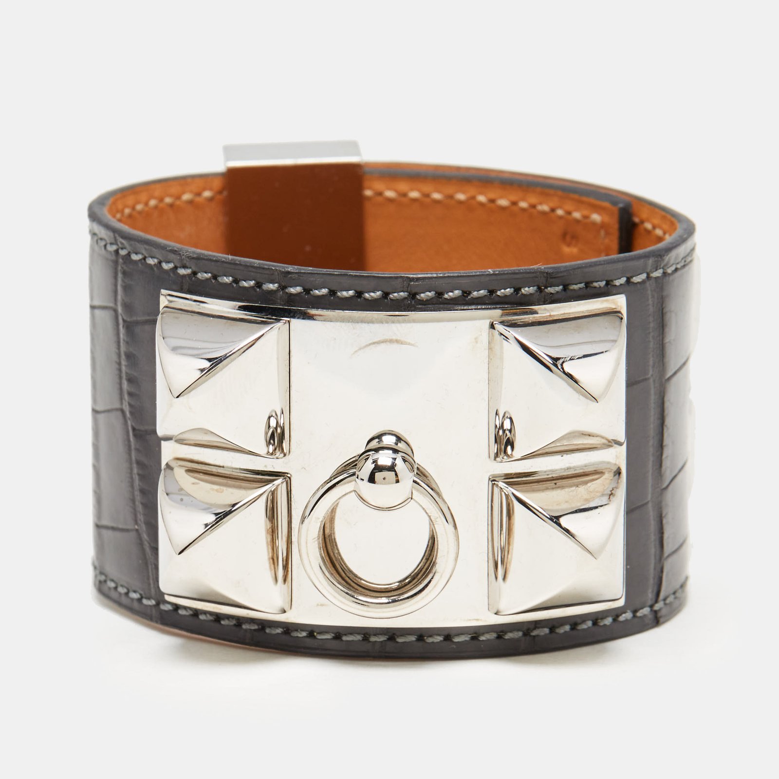 Hermès Collier De Chien Black Alligator Leather Palladium Plated Bracelet