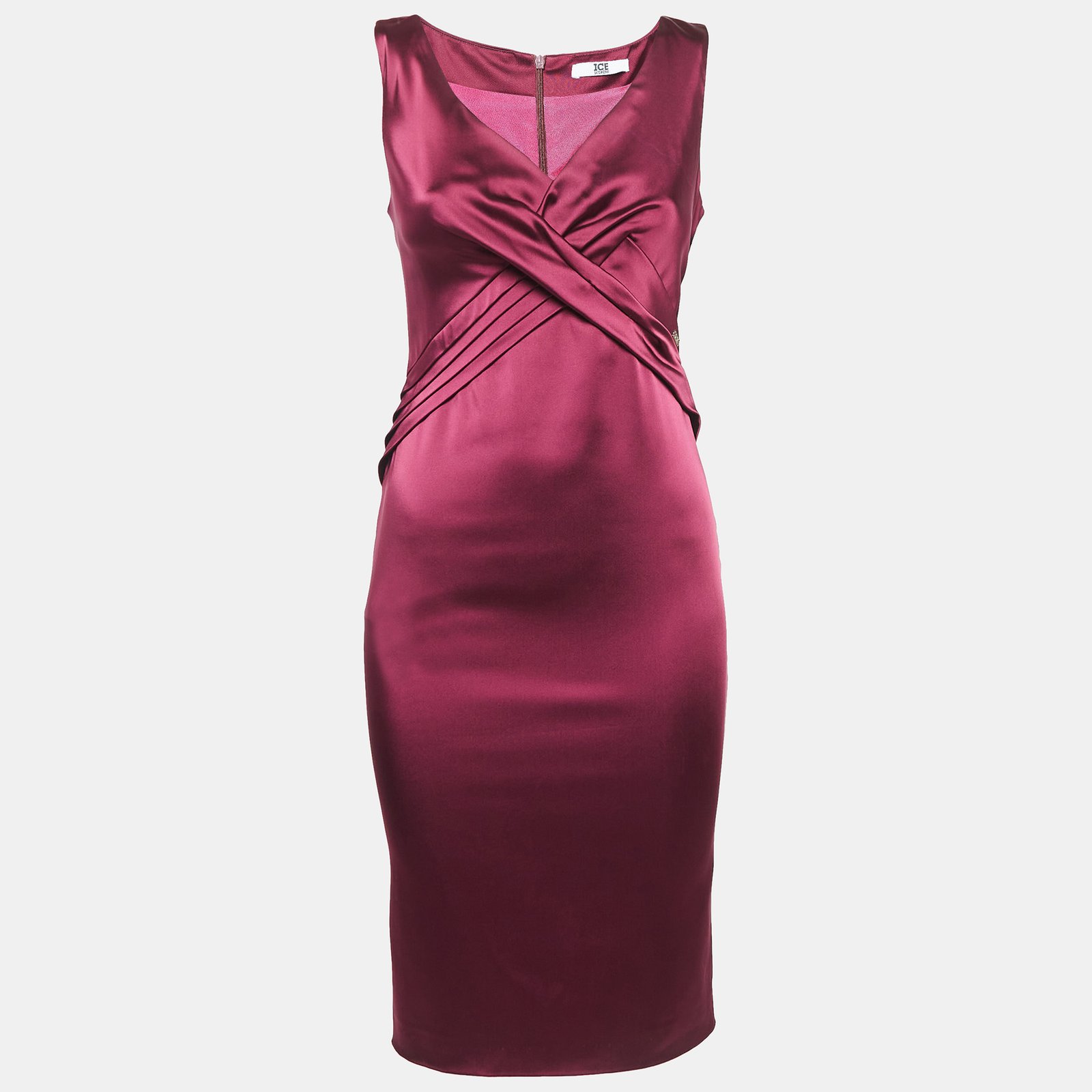 Ice Iceberg Dress Burgundy Stretch Satin Pleated Sheath Dress XS