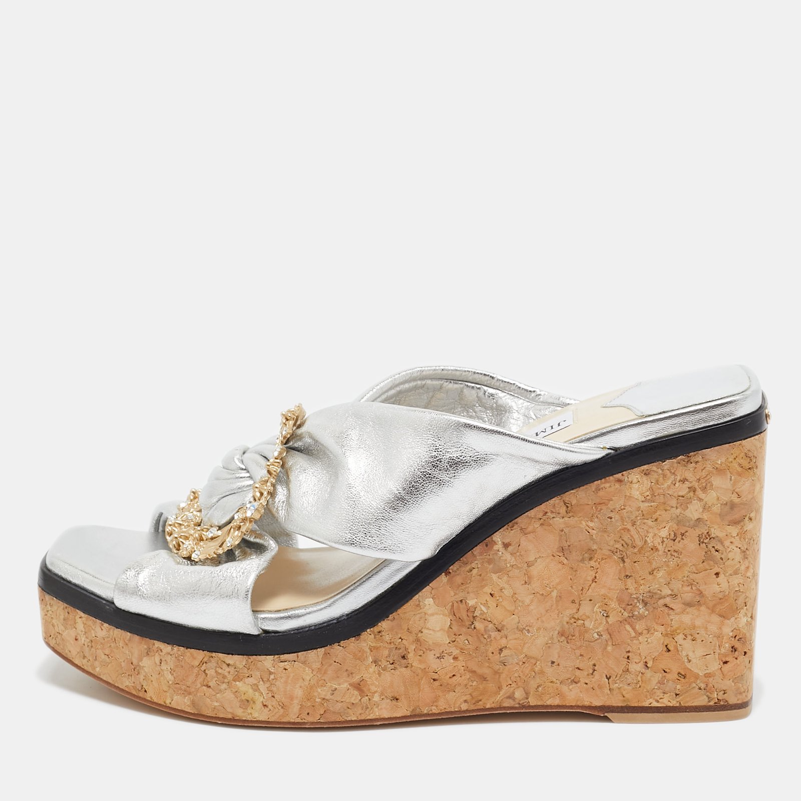 Jimmy Choo Silver Leather Nevara Wedge Sandals Size 36.5