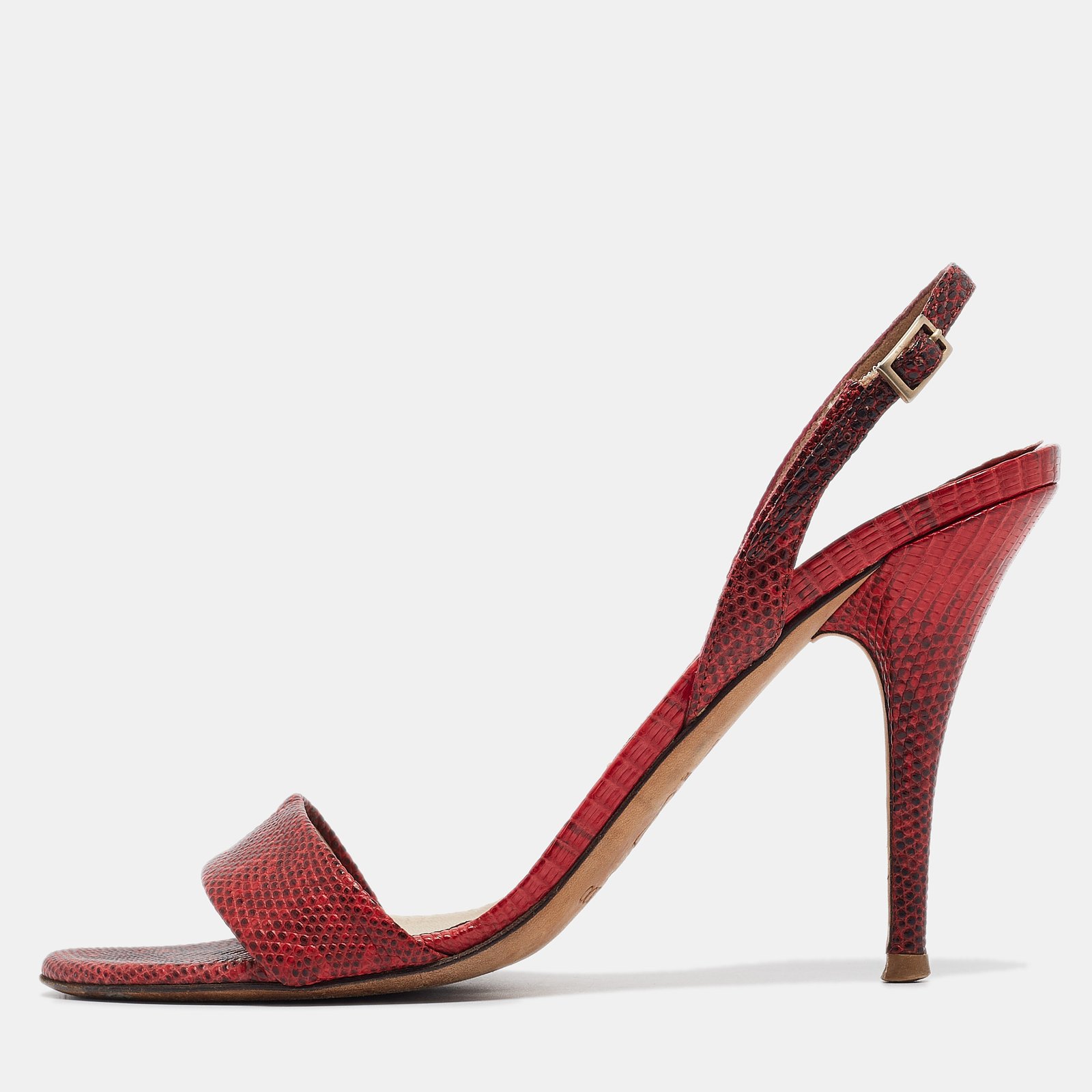 Jimmy Choo Red/Black Embossed Lizard Slingback Sandals Size 38.5